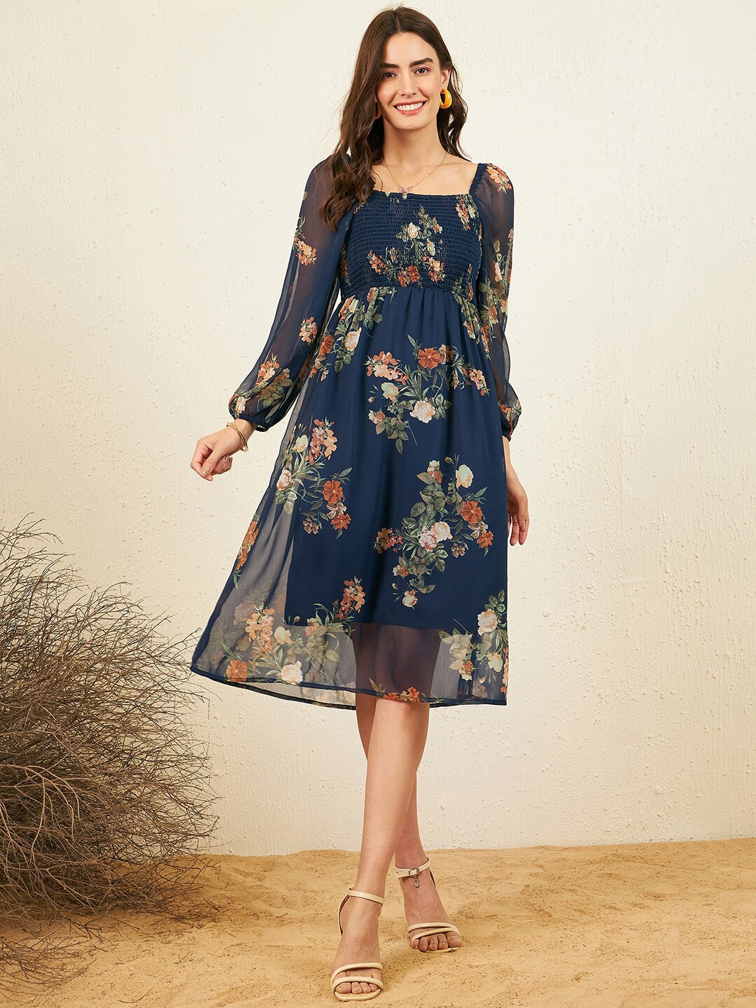 Carlton London Floral Printed Square Neck Smocked & Gathered Chiffon Fit & Flare Dress, Navy blue
Carlton London Floral Printed Square Neck Smocked & Gathered Chiffon Fit & Flare Dress, Navy blue