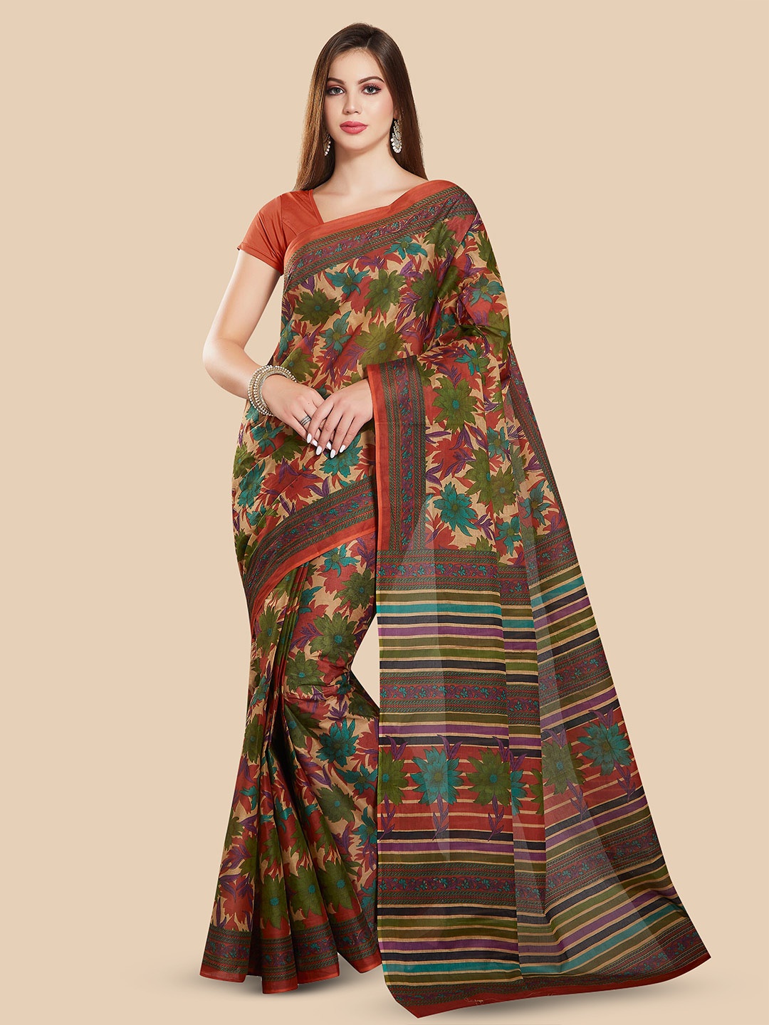Rani Saahiba Floral Printed Pure Cotton Saree, Red
