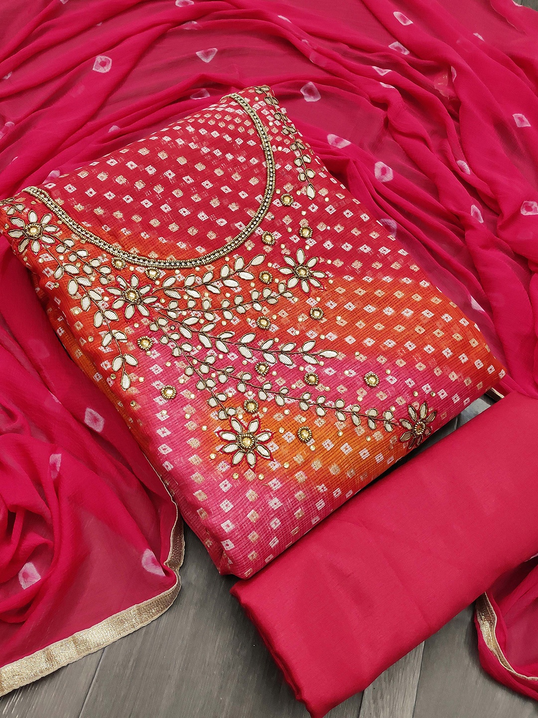 SHADOW & SAINING Bandhani Printed Beads and Stones Unstitched Dress Material, Pink
SHADOW & SAINING Bandhani Printed Beads and Stones Unstitched Dress Material, Pink