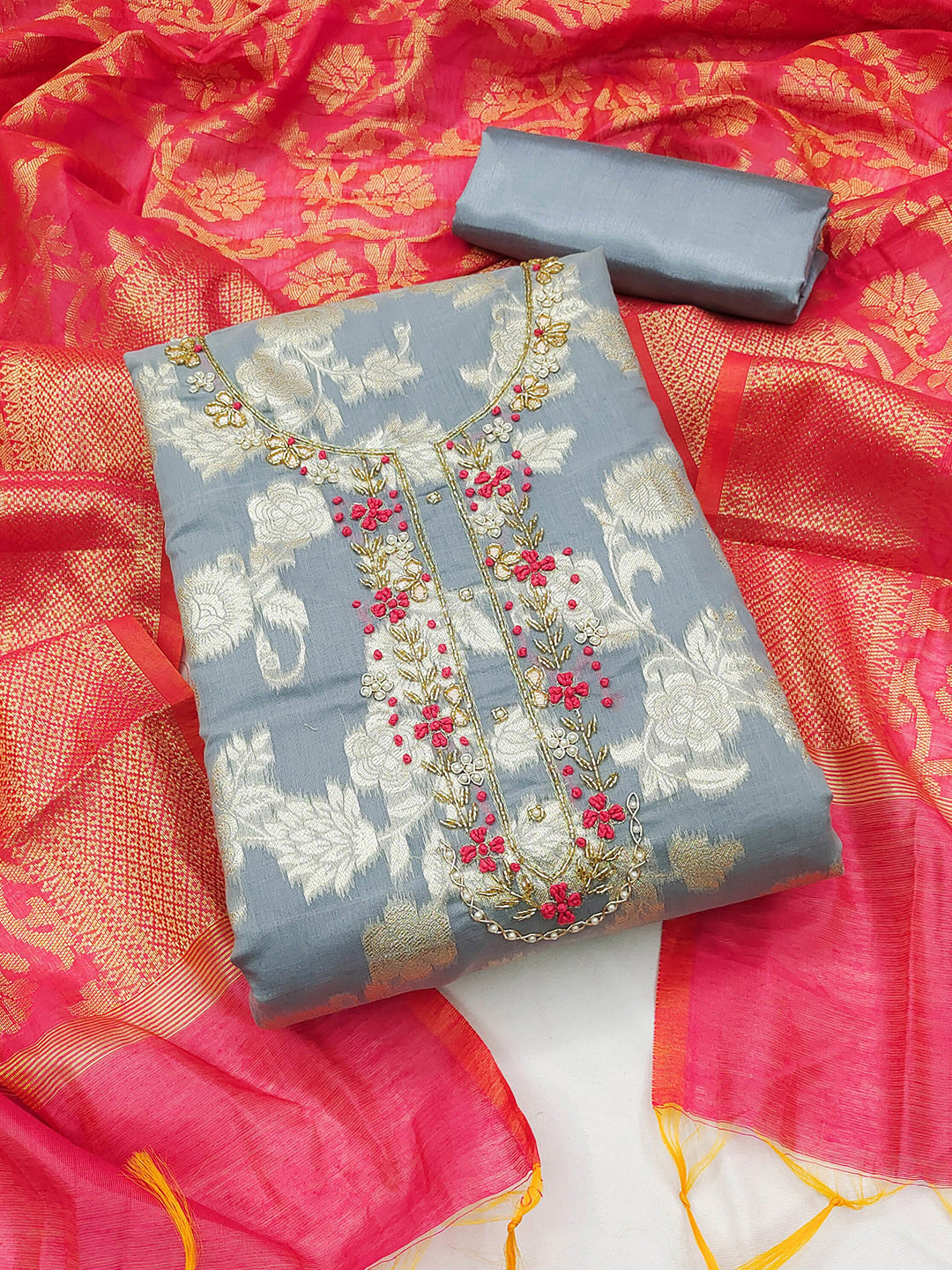 SHADOW & SAINING Floral Woven Design Beads & Stones Unstitched Dress Material, Grey 
SHADOW & SAINING Floral Woven Design Beads & Stones Unstitched Dress Material, Grey