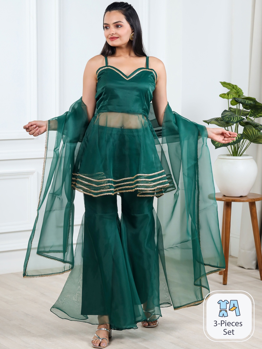 Vidraa Western Store Shoulder Straps Gotta Patti Kurti With Sharara & Dupatta, Green
Vidraa Western Store Shoulder Straps Gotta Patti Kurti With Sharara & Dupatta, Green
