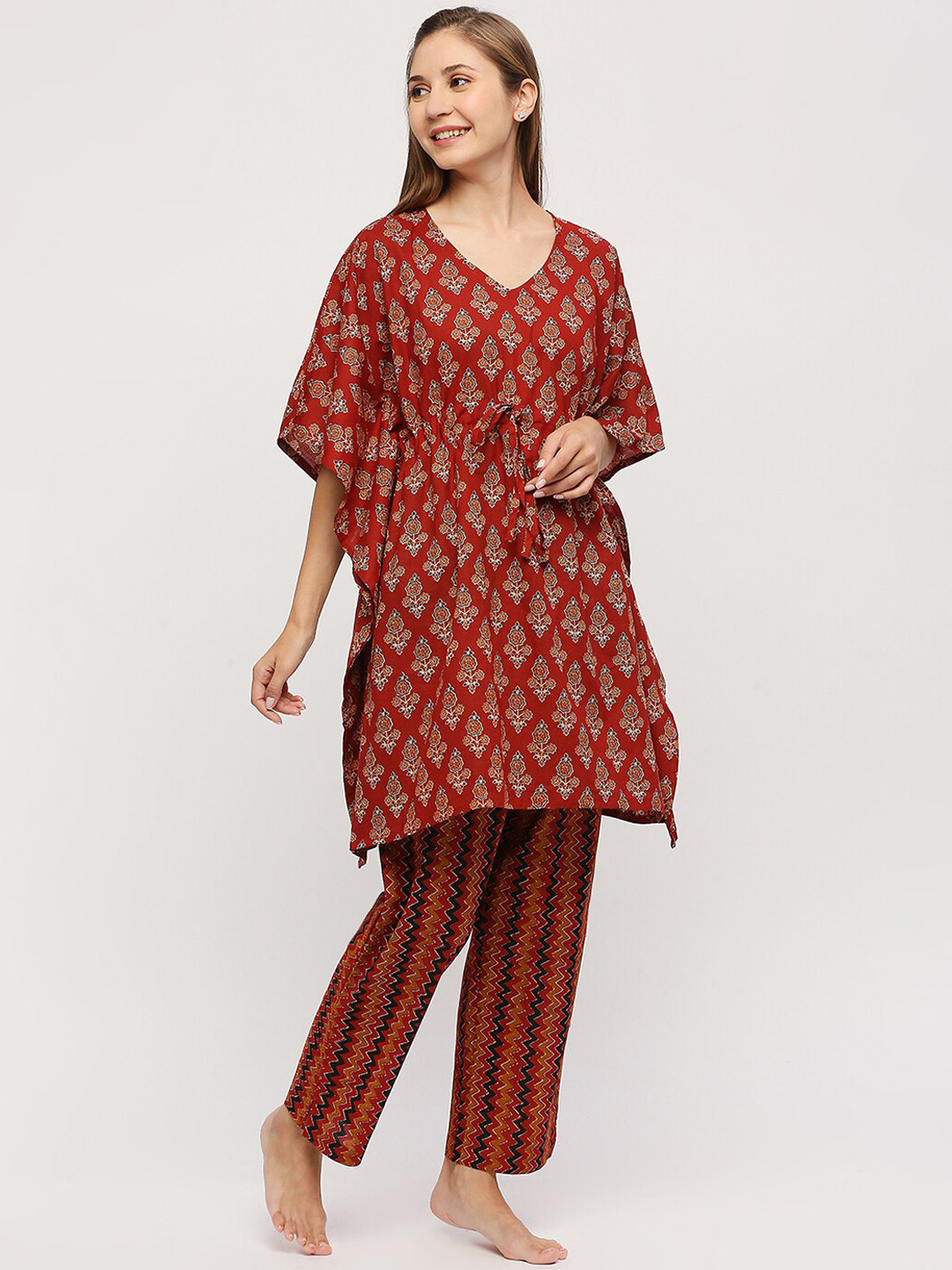 ZRI Ethnic Motifs Printed Pure Cotton Kaftan Night suit, Rust 
ZRI Ethnic Motifs Printed Pure Cotton Kaftan Night suit, Rust
