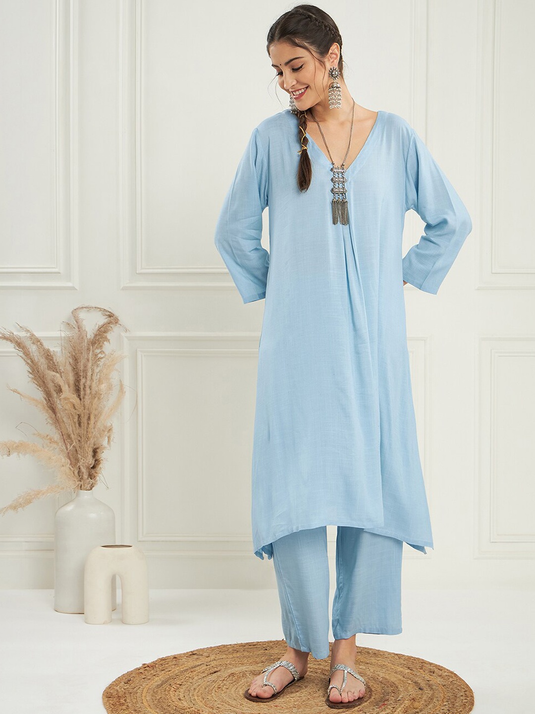 InWeave V-Neck A-Line Kurta with Trousers, Blue