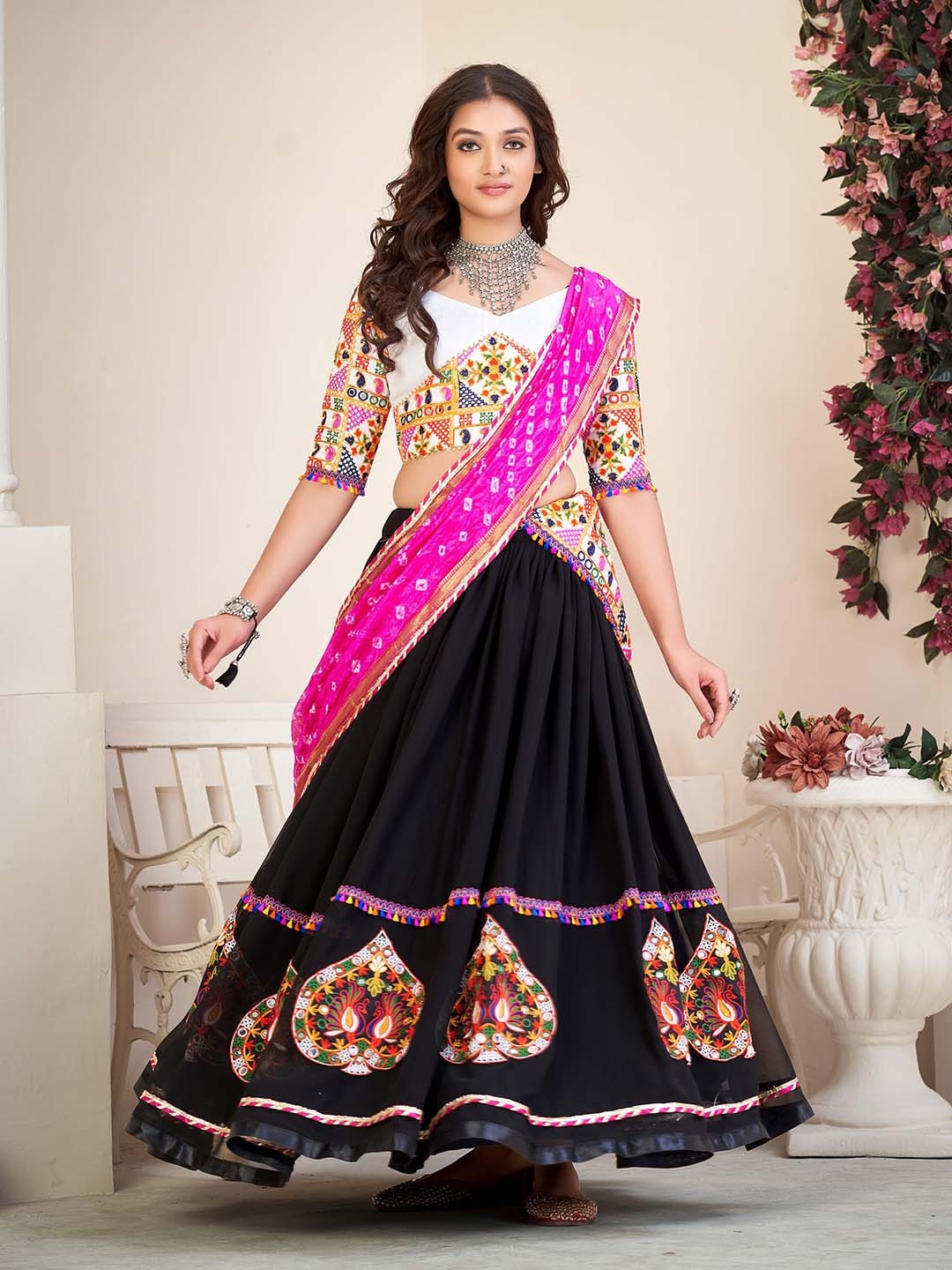 KALINI Embroidered V-Neck Three-Quarter Sleeve Lehenga & Unstitched Blouse With Dupatta, Black
KALINI Embroidered V-Neck Three-Quarter Sleeve Lehenga & Unstitched Blouse With Dupatta, Black