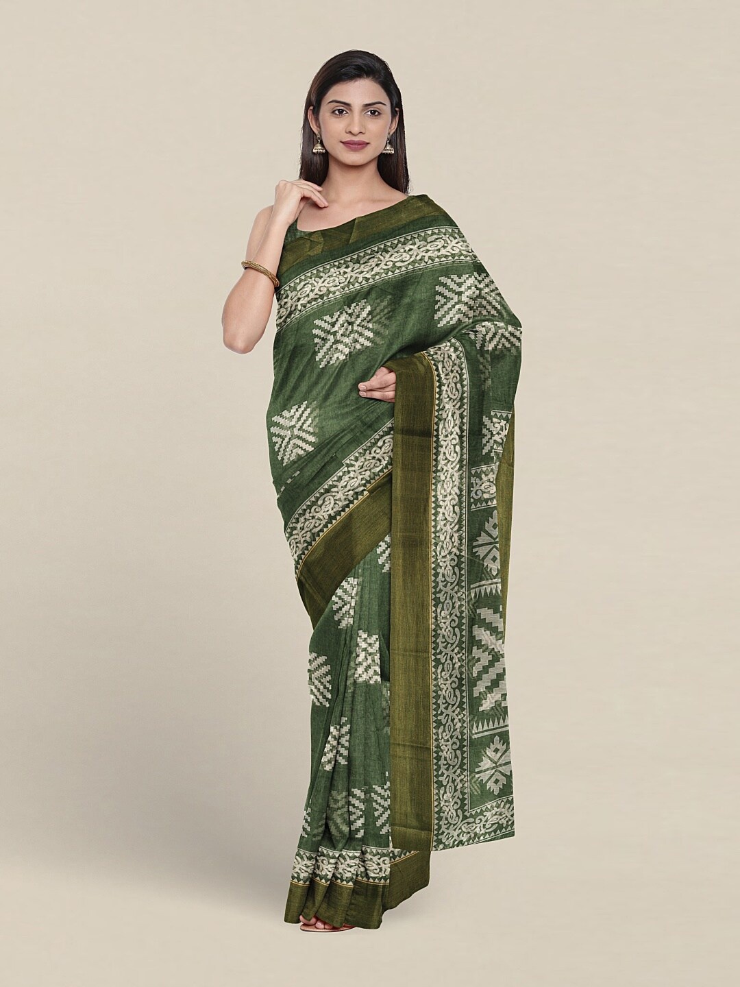 Pothys Geometric Printed Saree, Green