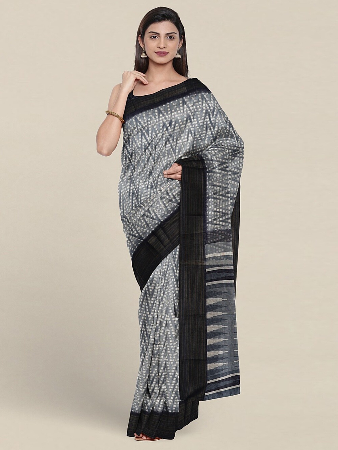 Pothys Geometric Printed Zari Saree, Grey