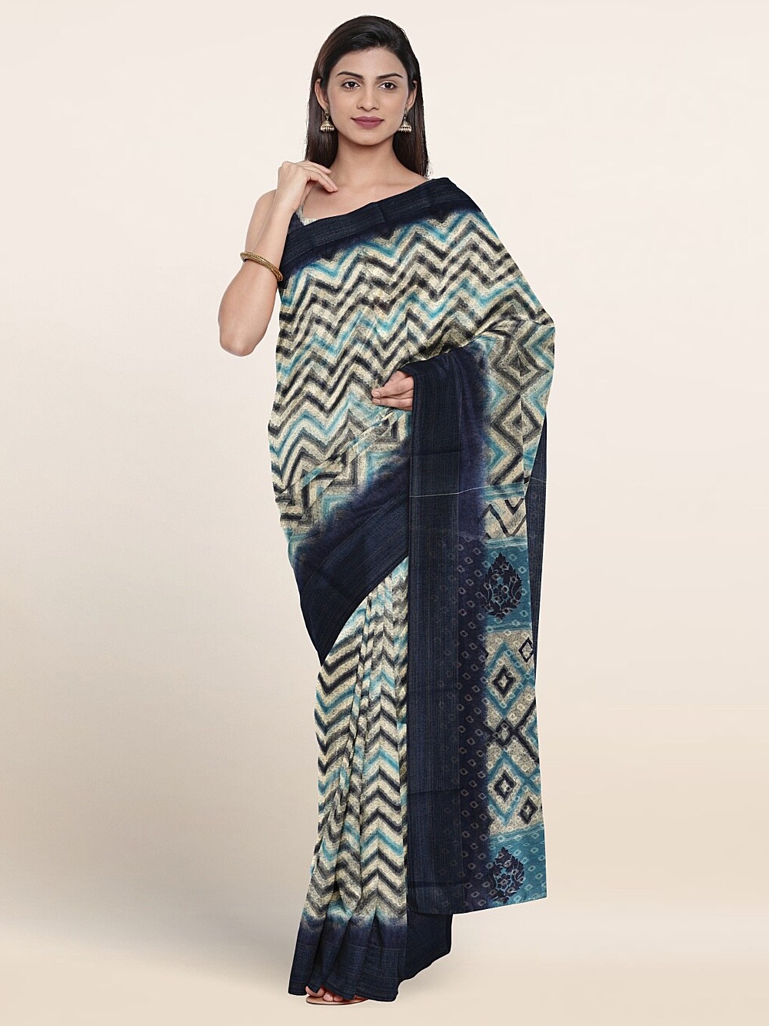 Pothys Geometric Printed Saree, Cream