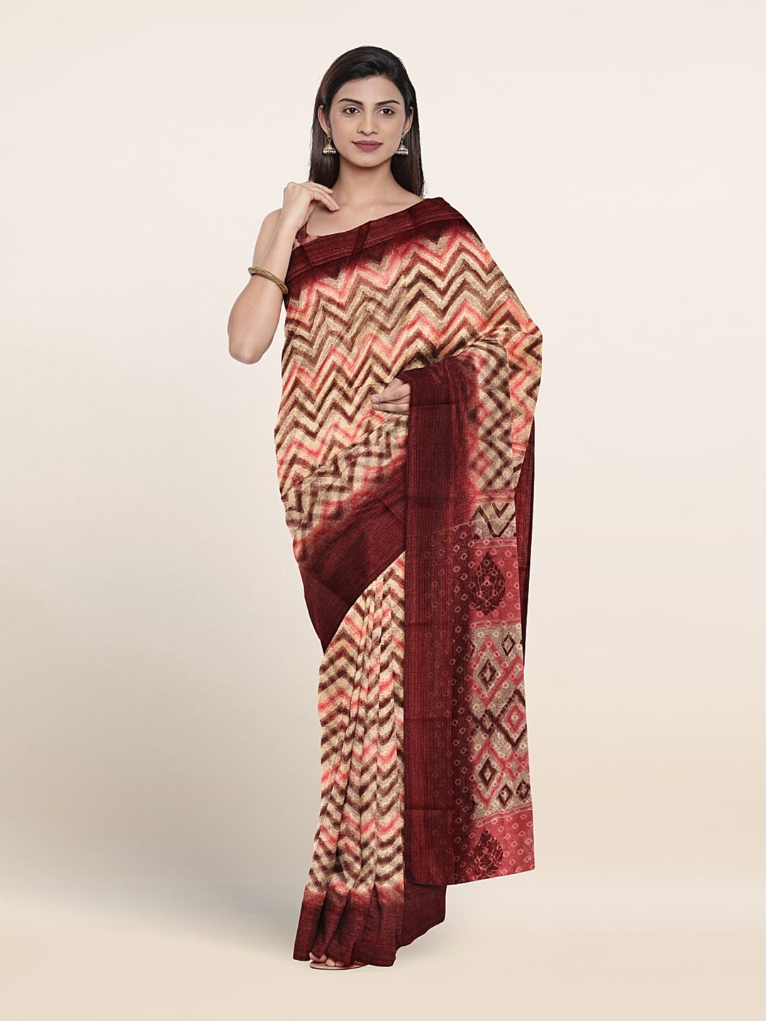 Pothys Geometric Printed Saree, Cream