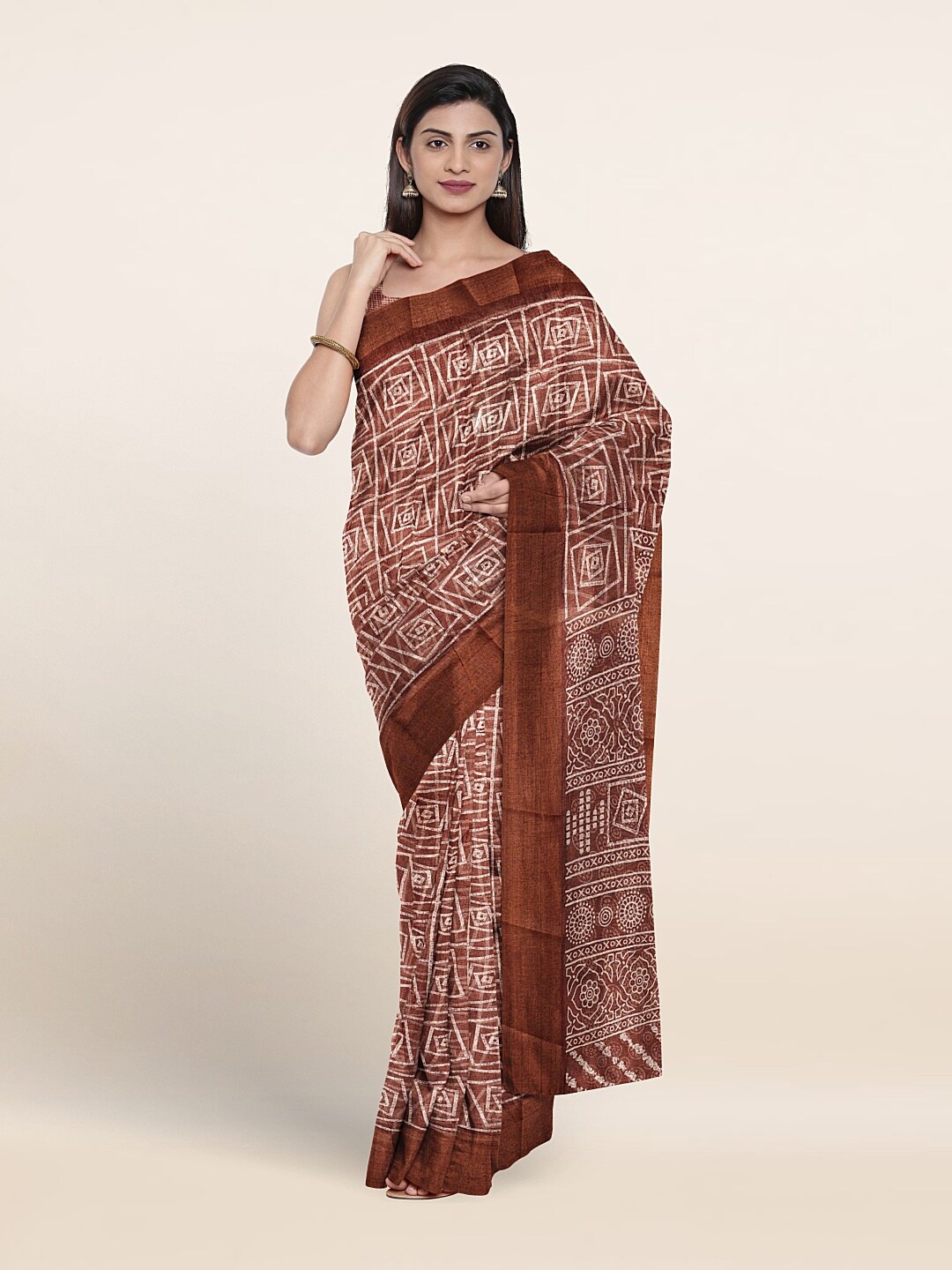 Pothys Geometric Printed Saree, Rust
