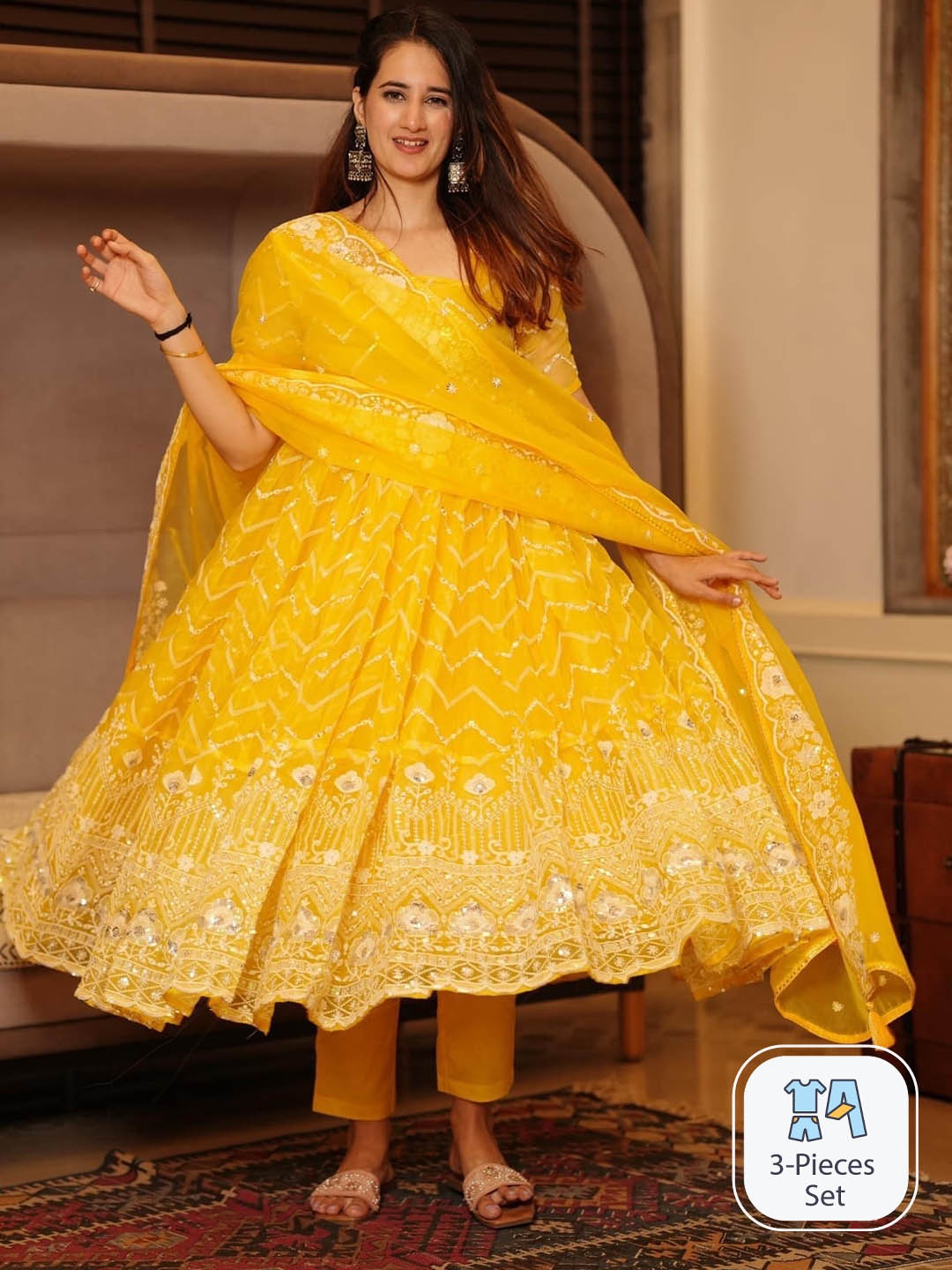 ESTELA Floral Embroidered Sequinned Organza Anarkali Kurta With Trousers & Dupatta, Yellow
ESTELA Floral Embroidered Sequinned Organza Anarkali Kurta With Trousers & Dupatta, Yellow
