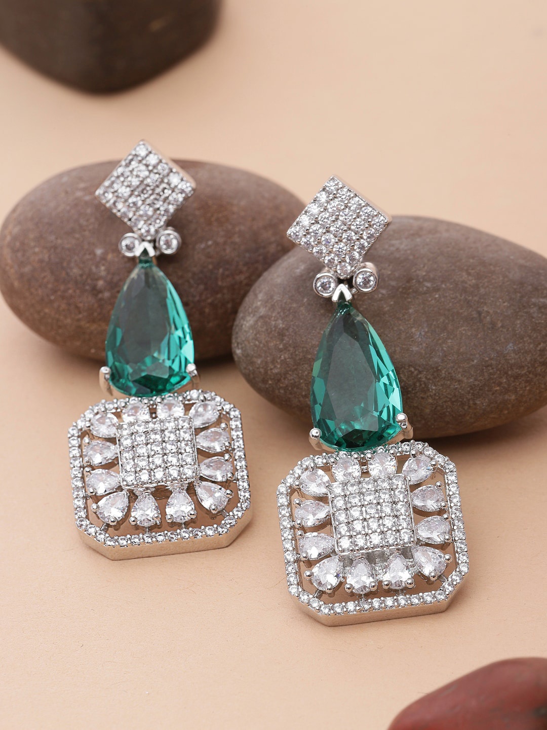ZENEME Rhodium-Plated American Diamond studded Square & Teardrop Drop Earrings, Green
ZENEME Rhodium-Plated American Diamond studded Square & Teardrop Drop Earrings, Green
