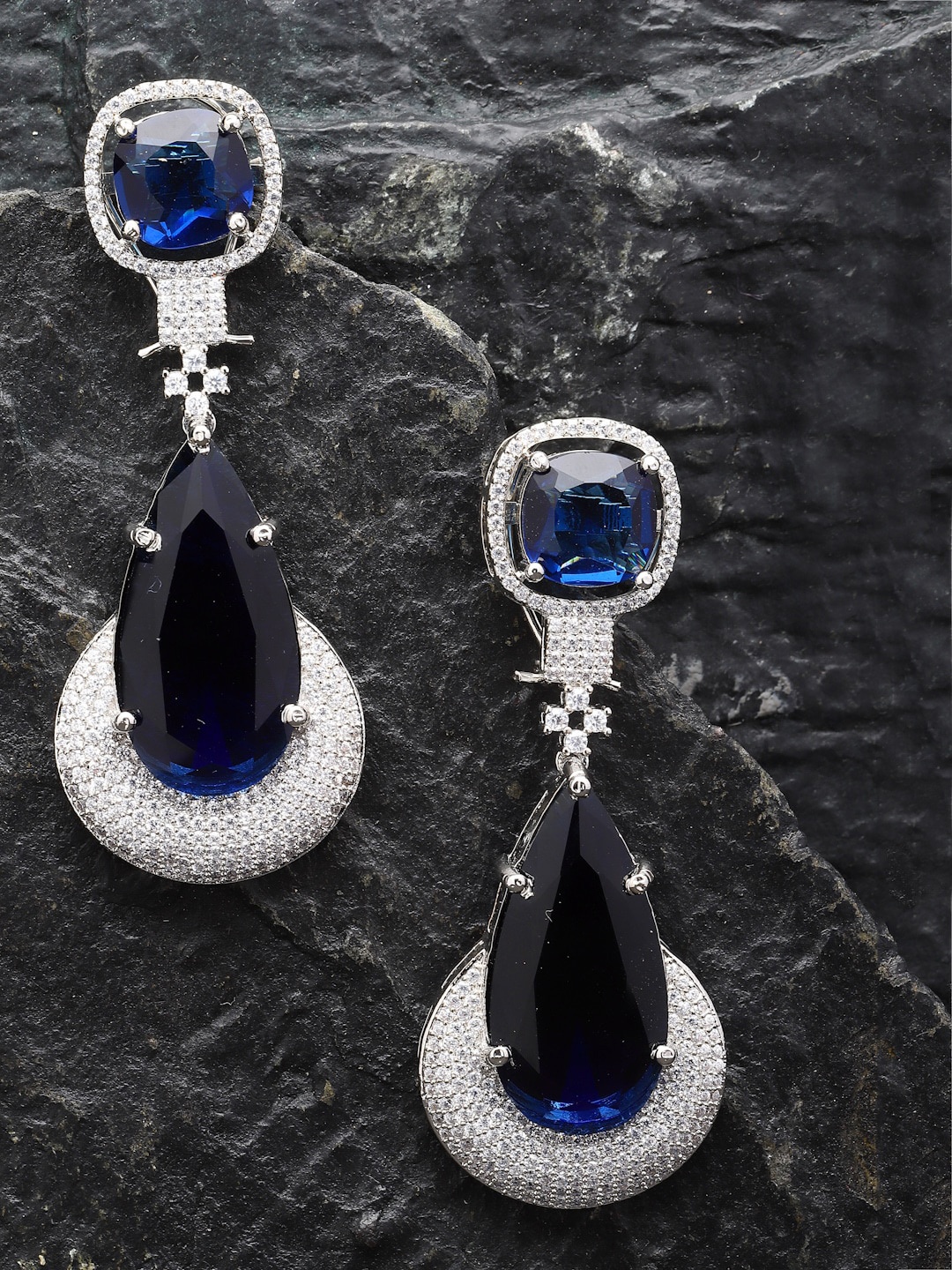 ZENEME Rhodium-Plated American Diamond Teardrop Shaped Drop Earrings, Navy blue
ZENEME Rhodium-Plated American Diamond Teardrop Shaped Drop Earrings, Navy blue