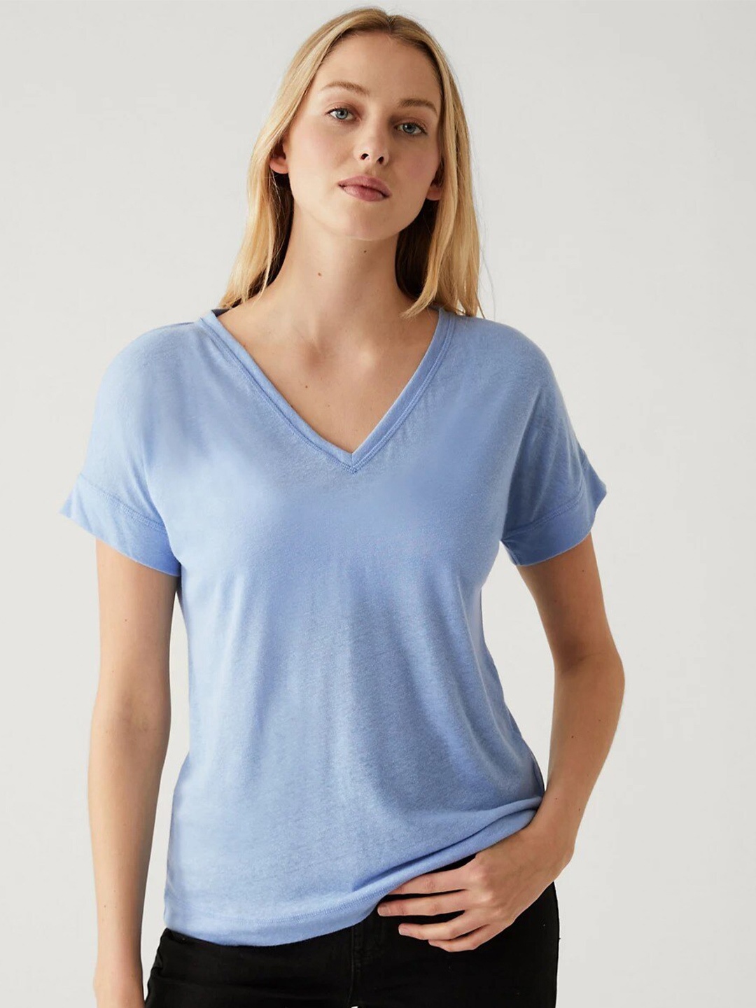 Marks & Spencer V-Neck Extended Sleeves T-shirt, Blue