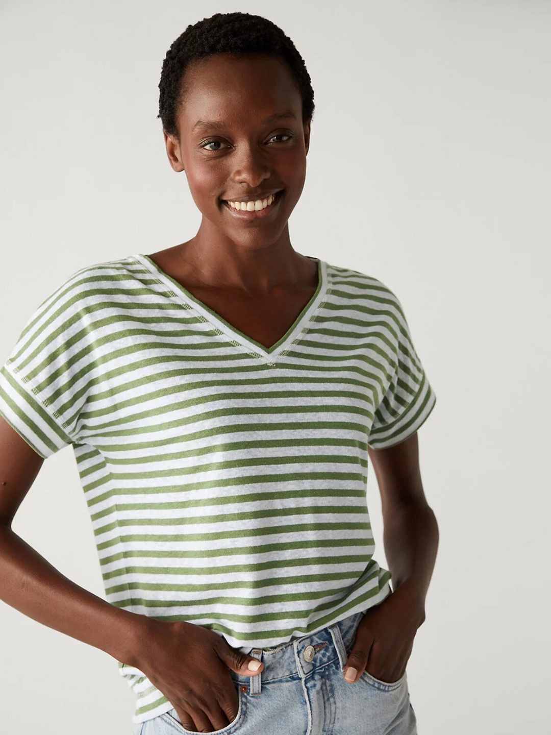 Marks & Spencer Striped V-Neck Extended Sleeves T-shirt, White