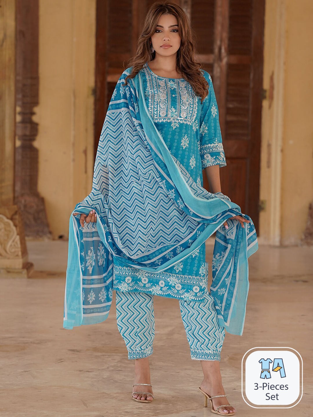 KALINI Ethnic Motifs Embroidered Sequined Pure Cotton Kurta with Salwar & Dupatta, Blue
KALINI Ethnic Motifs Embroidered Sequined Pure Cotton Kurta with Salwar & Dupatta, Blue