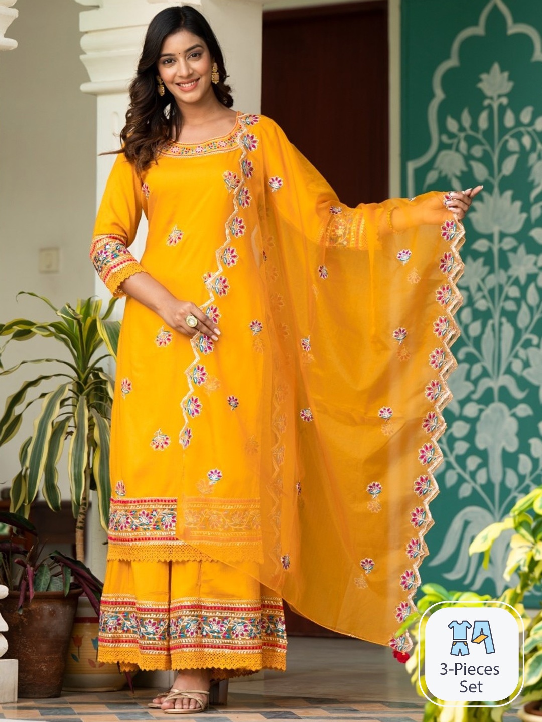Sangria Mustard Yellow Floral Embroidered Straight Sequinned Kurta With Palazzo & Dupatta
Sangria Mustard Yellow Floral Embroidered Straight Sequinned Kurta With Palazzo & Dupatta