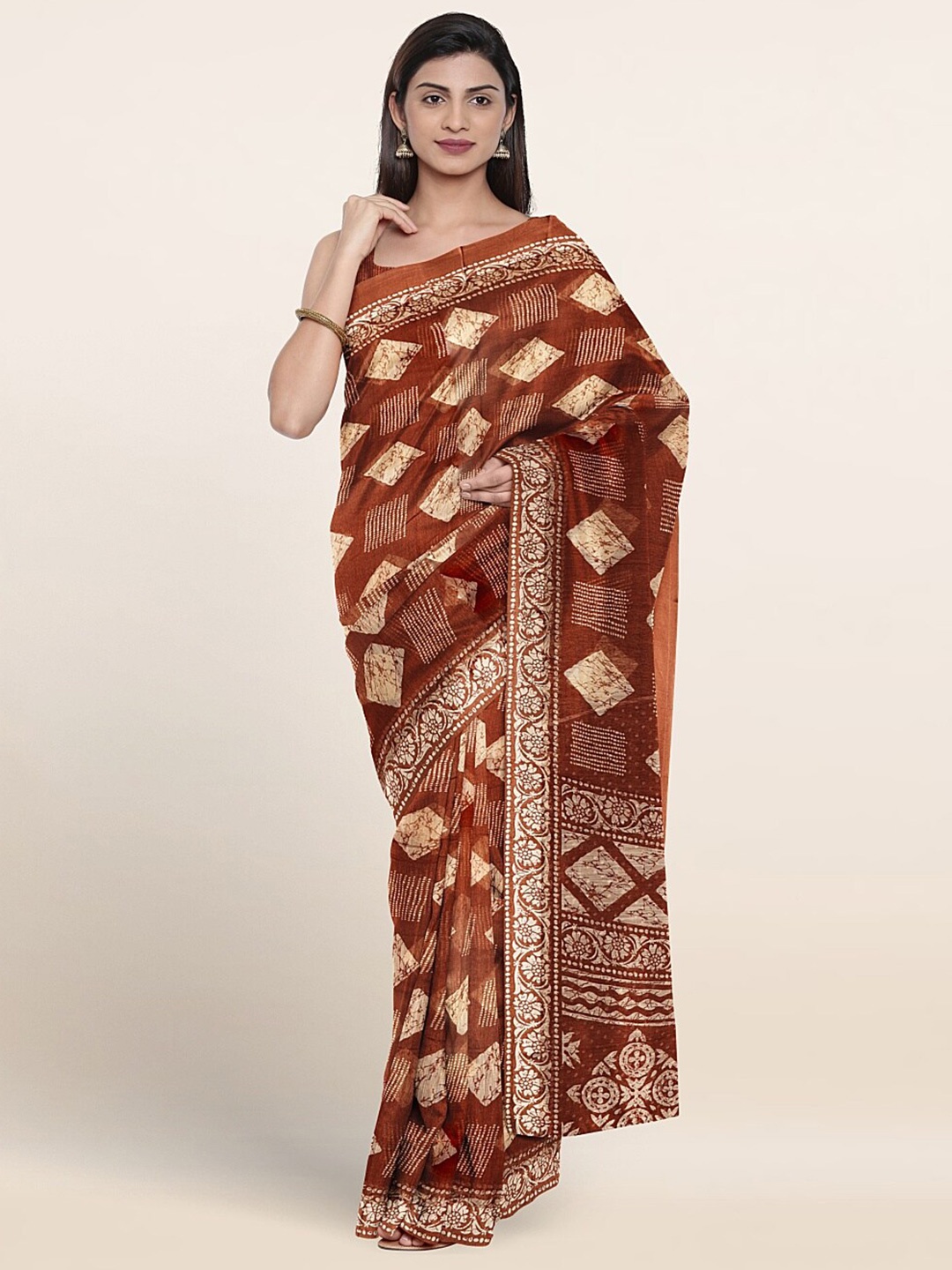 Pothys Geometric Printed Saree, Rust