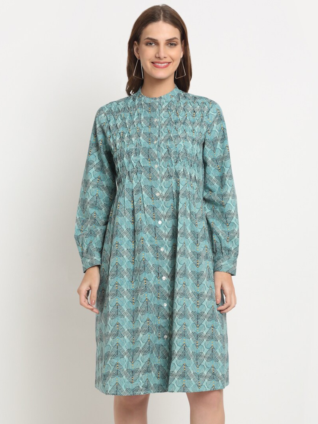 FAABRIQ Geometric Printed Mandarin Collar Cuffed Sleeves Cotton Linen Fit & Flare Dress, Turquoise blue
FAABRIQ Geometric Printed Mandarin Collar Cuffed Sleeves Cotton Linen Fit & Flare Dress, Turquoise blue