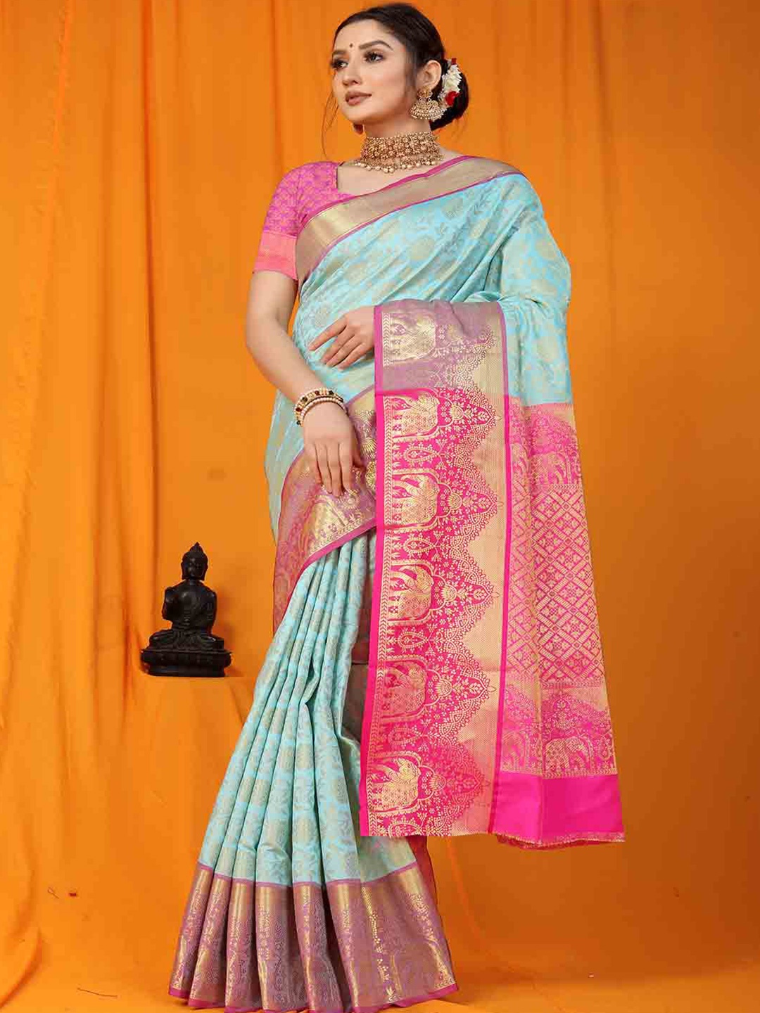 Mitera Turquoise Blue & Pink Woven Design Zari Art Silk Saree