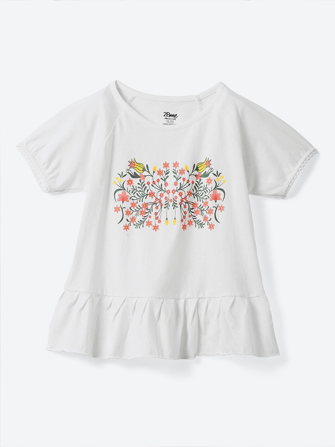 2Bme Girls Floral Printed Puff Sleeves Cotton T-shirt, White