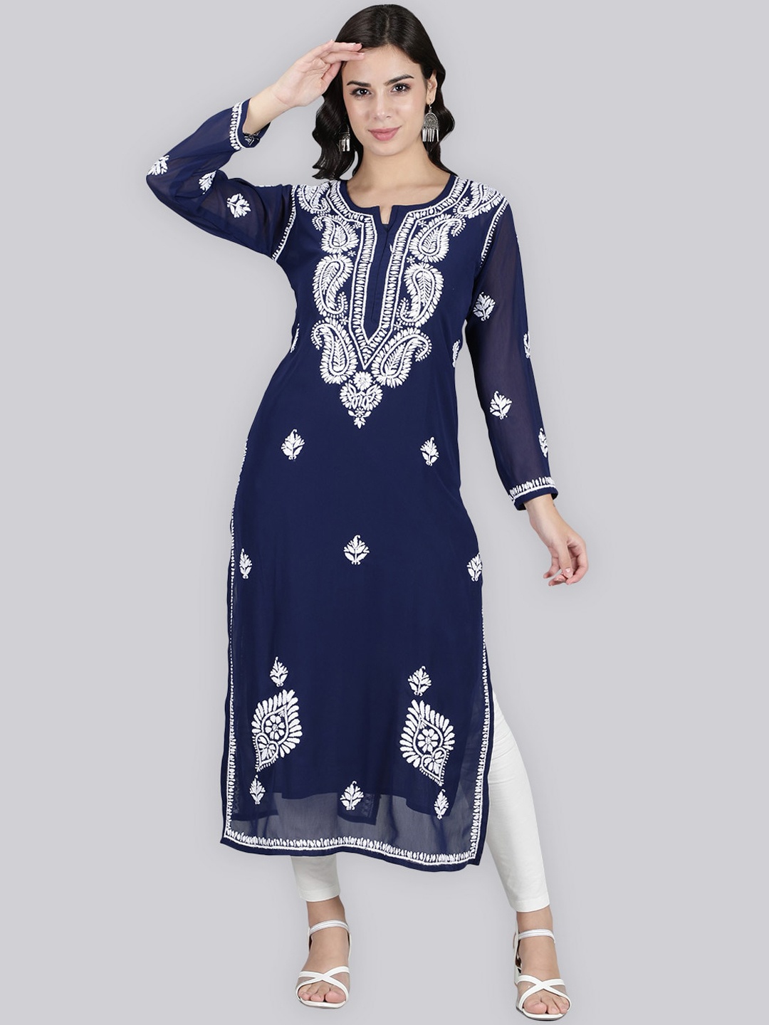 Seva Chikan Ethnic Motifs Embroidered Georgette Lucknowi Chikankari Kurta With Slip, Navy blue
Seva Chikan Ethnic Motifs Embroidered Georgette Lucknowi Chikankari Kurta With Slip, Navy blue