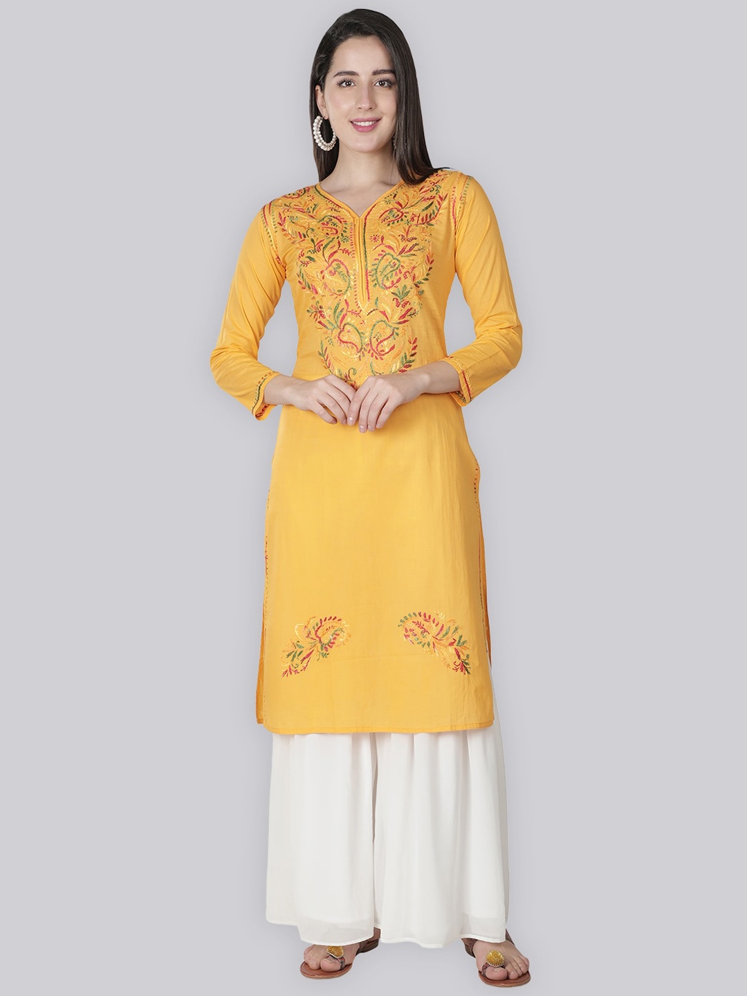 Seva Chikan Ethnic Motifs Embroidered V-Neck Lucknowi Chikankari Straight Kurta, Yellow
Seva Chikan Ethnic Motifs Embroidered V-Neck Lucknowi Chikankari Straight Kurta, Yellow