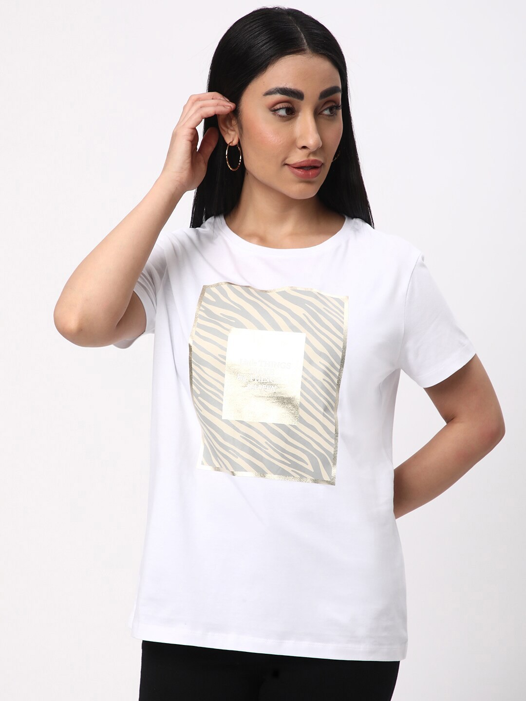R&B Graphic Printed Round Neck Cotton T-shirt, White