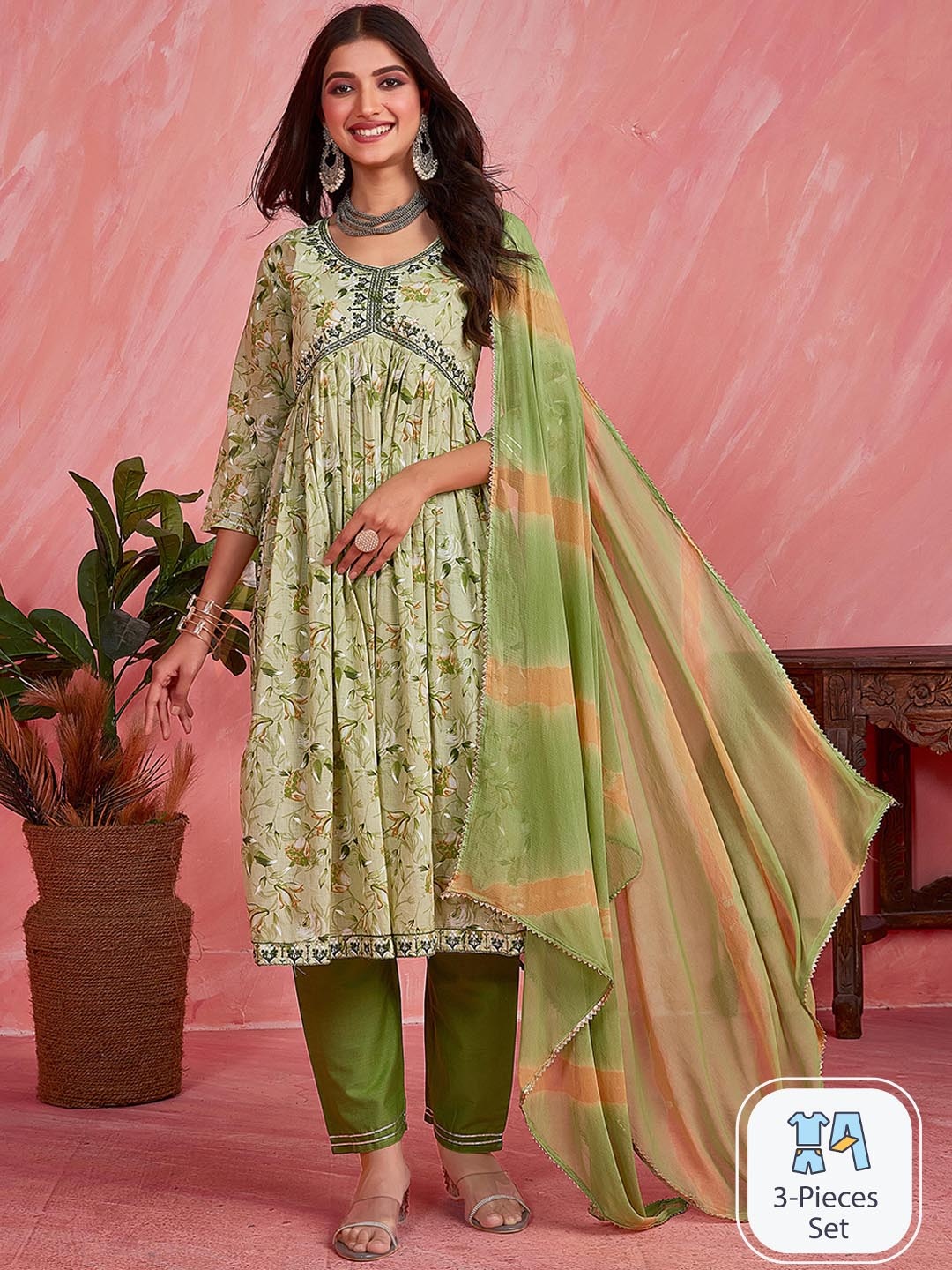 Sangria Floral Printed Thread Work Detail Empire A-Line Kurta & Trouser With Dupatta, Green
Sangria Floral Printed Thread Work Detail Empire A-Line Kurta & Trouser With Dupatta, Green