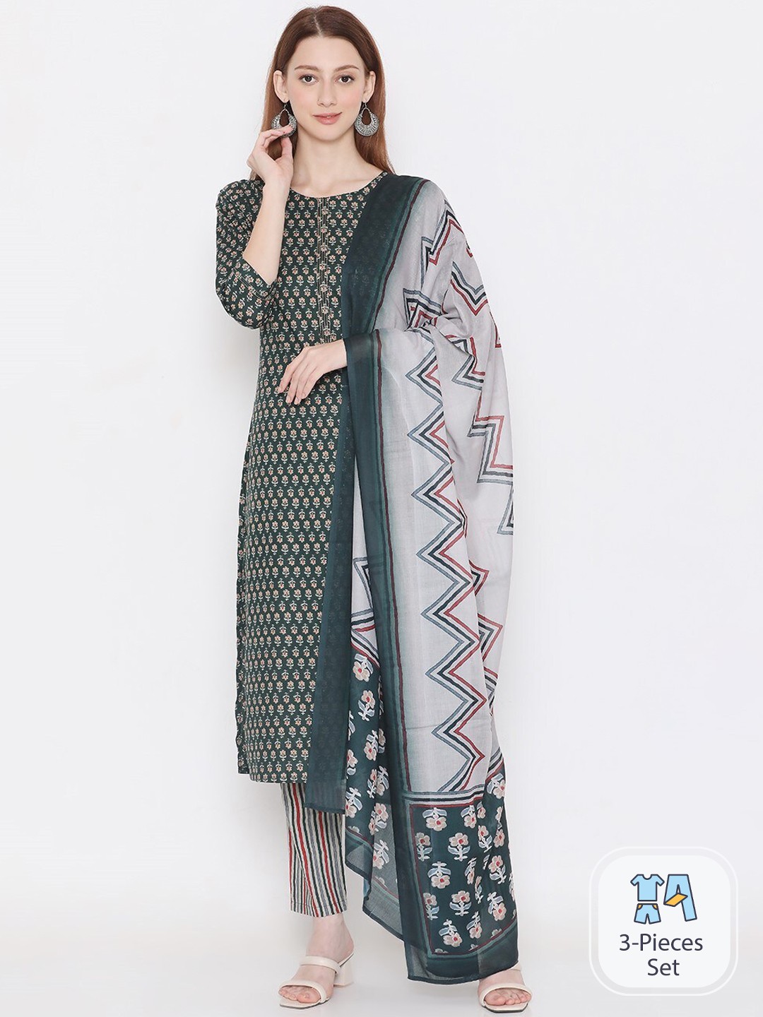PRESENT CREATION Ethnic Motifs Printed Pure Cotton Kurta With Trousers & Dupatta, Green
PRESENT CREATION Ethnic Motifs Printed Pure Cotton Kurta With Trousers & Dupatta, Green