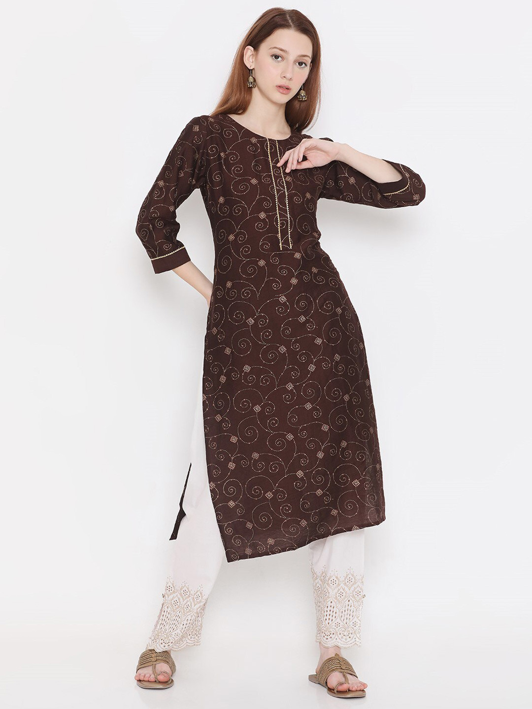 PRESENT CREATION Floral Printed Gotta Patti Detailed Pure Cotton Straight Kurta, Brown
PRESENT CREATION Floral Printed Gotta Patti Detailed Pure Cotton Straight Kurta, Brown