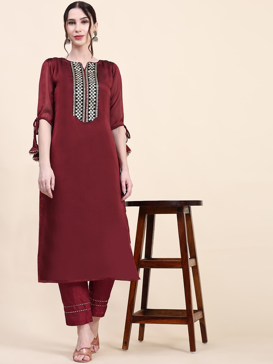 UDBHAV TEXTILE Round Neck Sequinned Detail Puffed Sleeves Regular Kurta with Trousers, Maroon
UDBHAV TEXTILE Round Neck Sequinned Detail Puffed Sleeves Regular Kurta with Trousers, Maroon