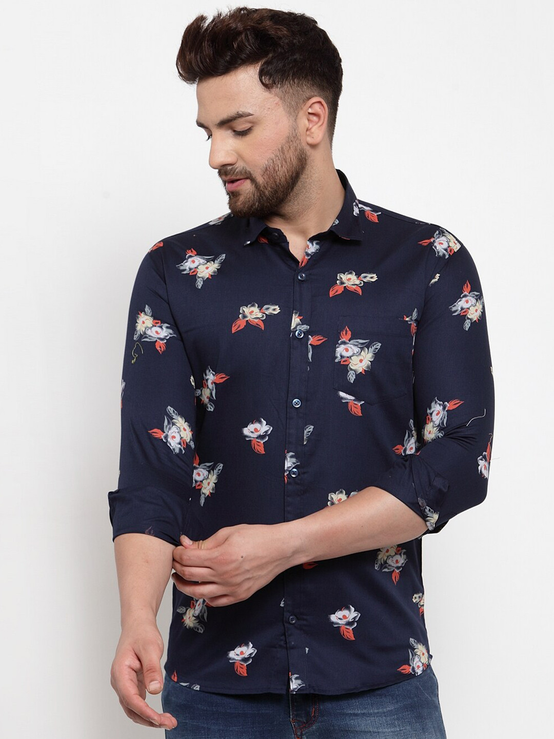 HANUMNTRA Comfort Floral Printed Regular Fit Spread Collar Polycotton Casual Shirt, Navy blue
HANUMNTRA Comfort Floral Printed Regular Fit Spread Collar Polycotton Casual Shirt, Navy blue