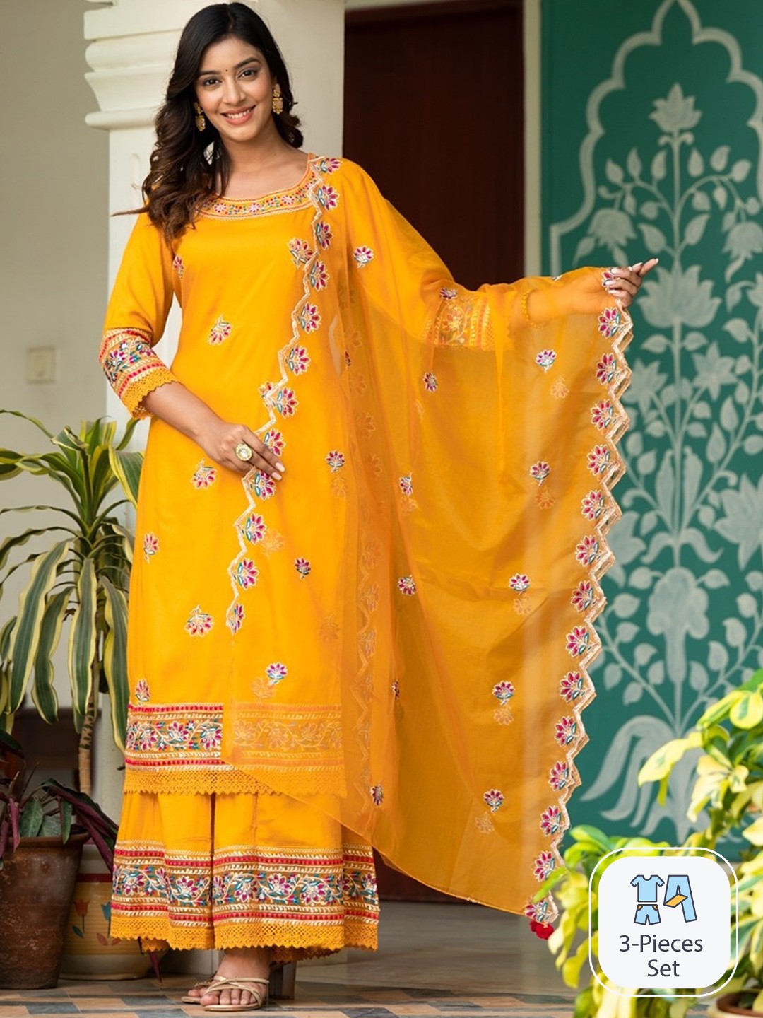 Ramas Ethnic Motifs Embroidered Sequinned Kurta with Sharara & Dupatta, Mustard