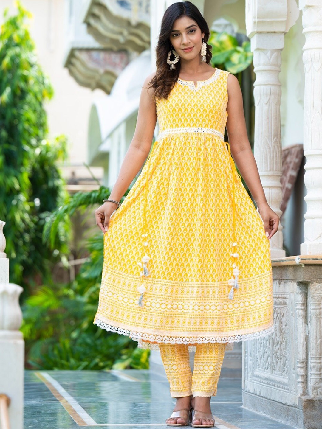 Ramas Ethnic Embroidered Mirror Work A-Line Pure Cotton Kurta with Trousers & Dupatta, Yellow
Ramas Ethnic Embroidered Mirror Work A-Line Pure Cotton Kurta with Trousers & Dupatta, Yellow