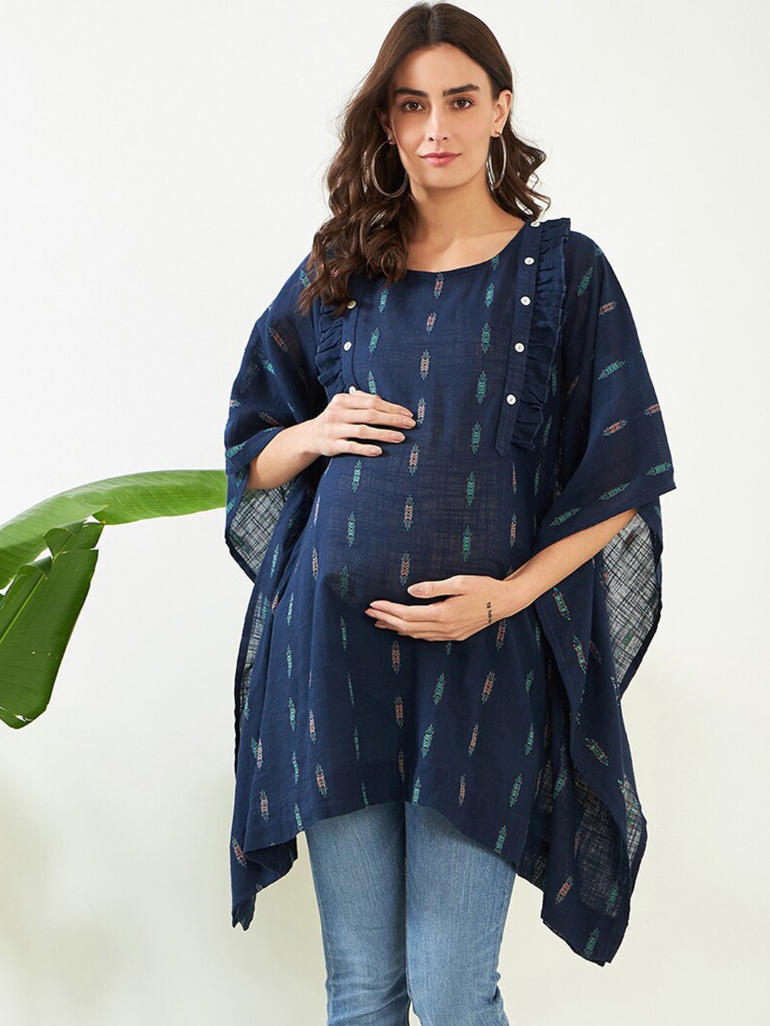 The Kaftan Company Geometric Woven Design Ruffles Cotton Longline Maternity Kaftan Top, Navy blue
The Kaftan Company Geometric Woven Design Ruffles Cotton Longline Maternity Kaftan Top, Navy blue