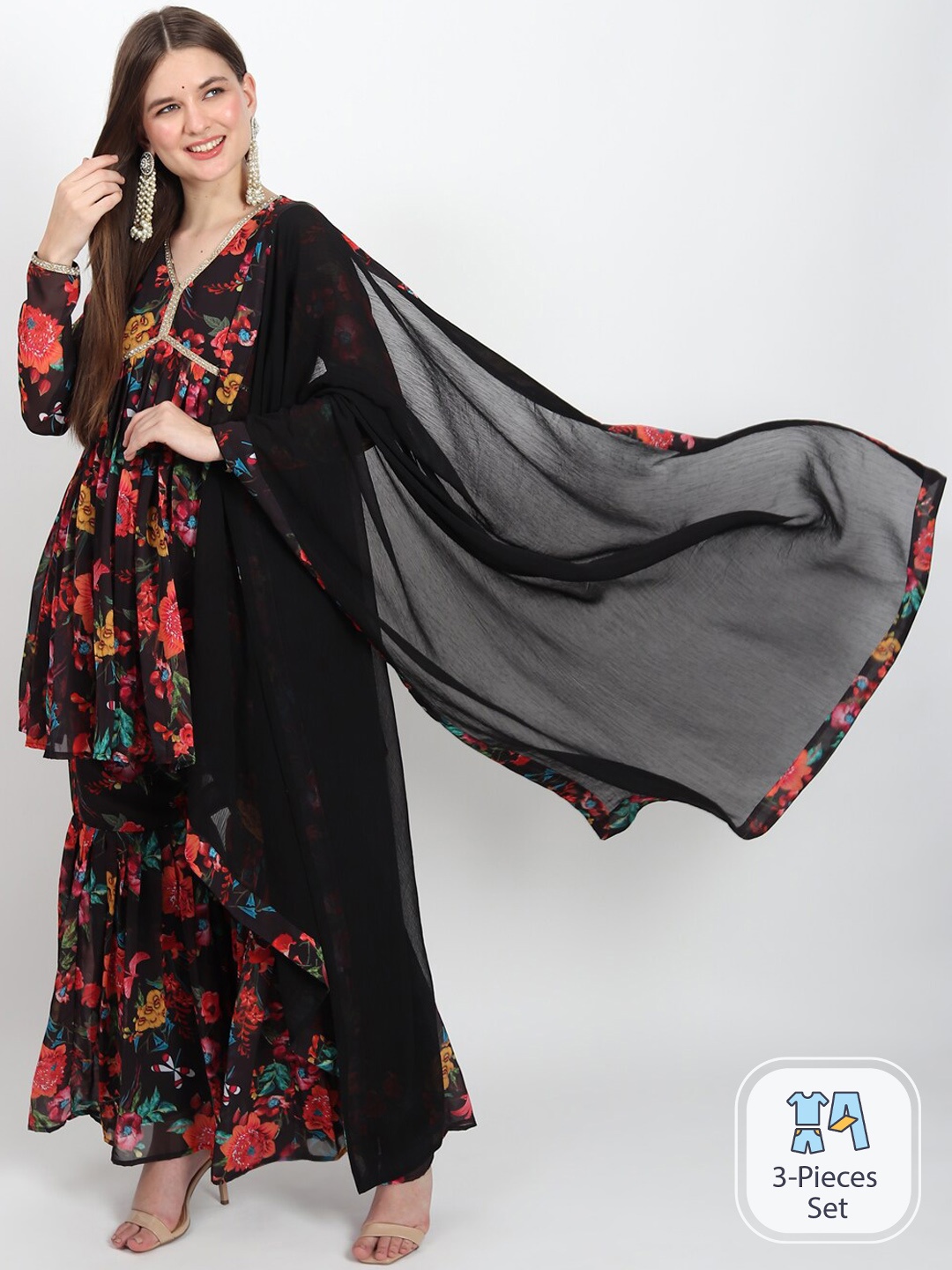 ISAM Floral Printed V-Neck Thread Work Empire A-Line Kurti & Sharara With Dupatta, Black
ISAM Floral Printed V-Neck Thread Work Empire A-Line Kurti & Sharara With Dupatta, Black