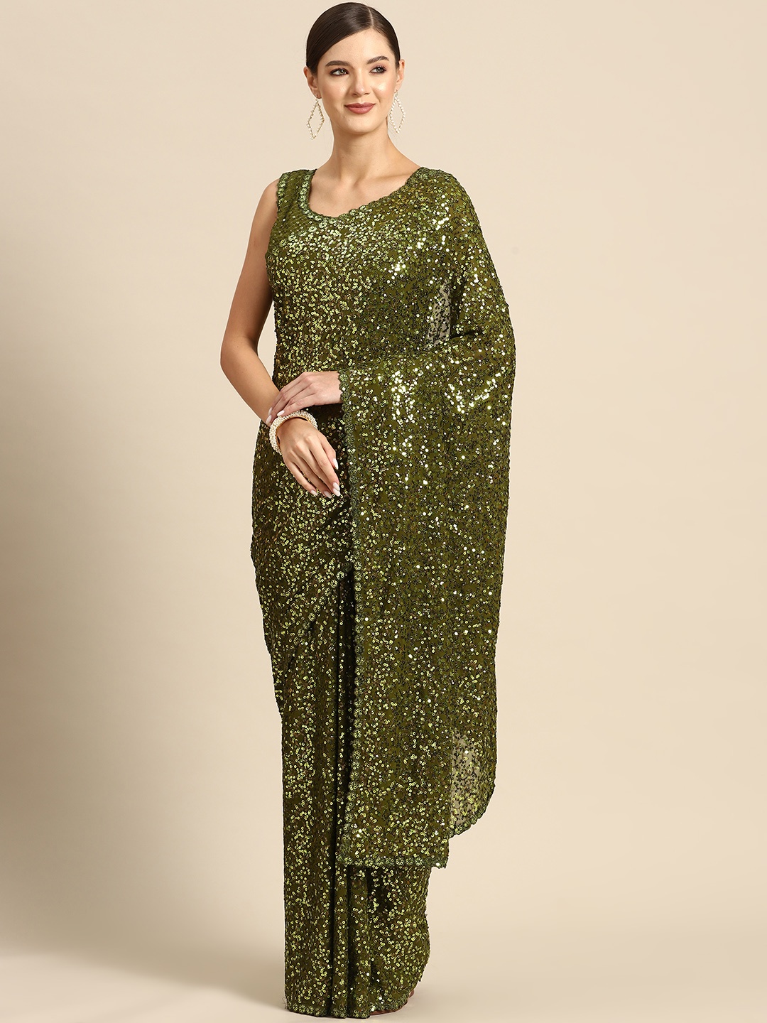 Mizzific Embellished Sequinned Georgette Saree, Olive