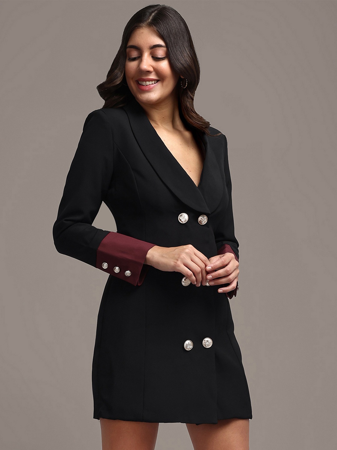 iki chic Cuffed Sleeves Mini Blazer Dress, Black