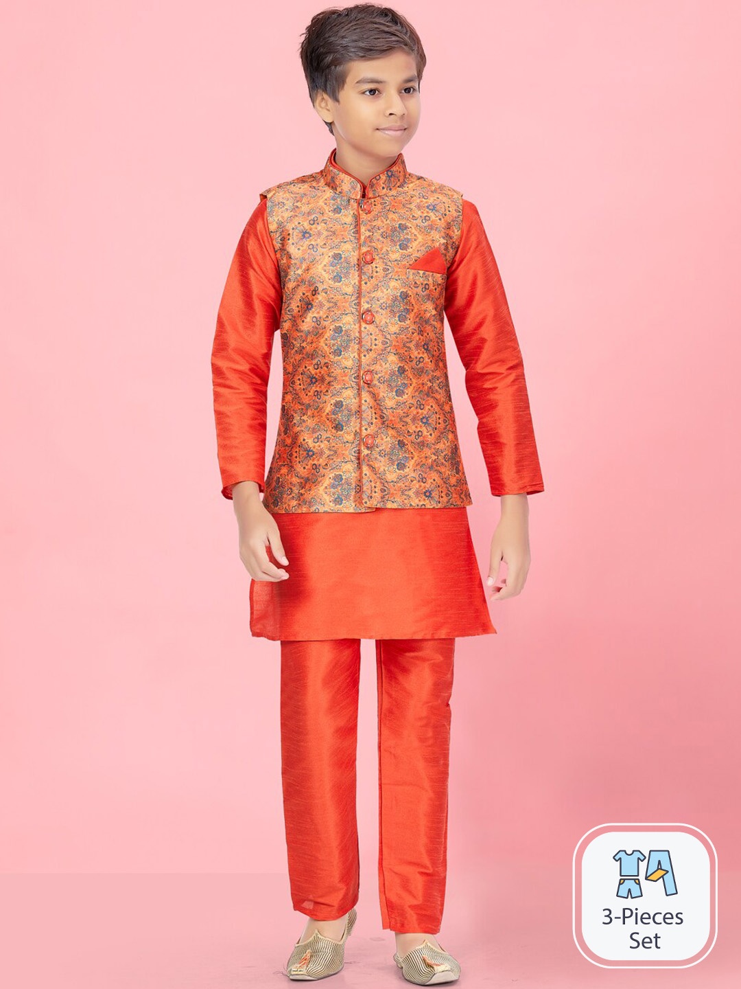 Aarika Boys Mandarin Collar Regular Pure Silk Kurta with Pyjamas And Printed Nehru Jacket, Orange
Aarika Boys Mandarin Collar Regular Pure Silk Kurta with Pyjamas And Printed Nehru Jacket, Orange
