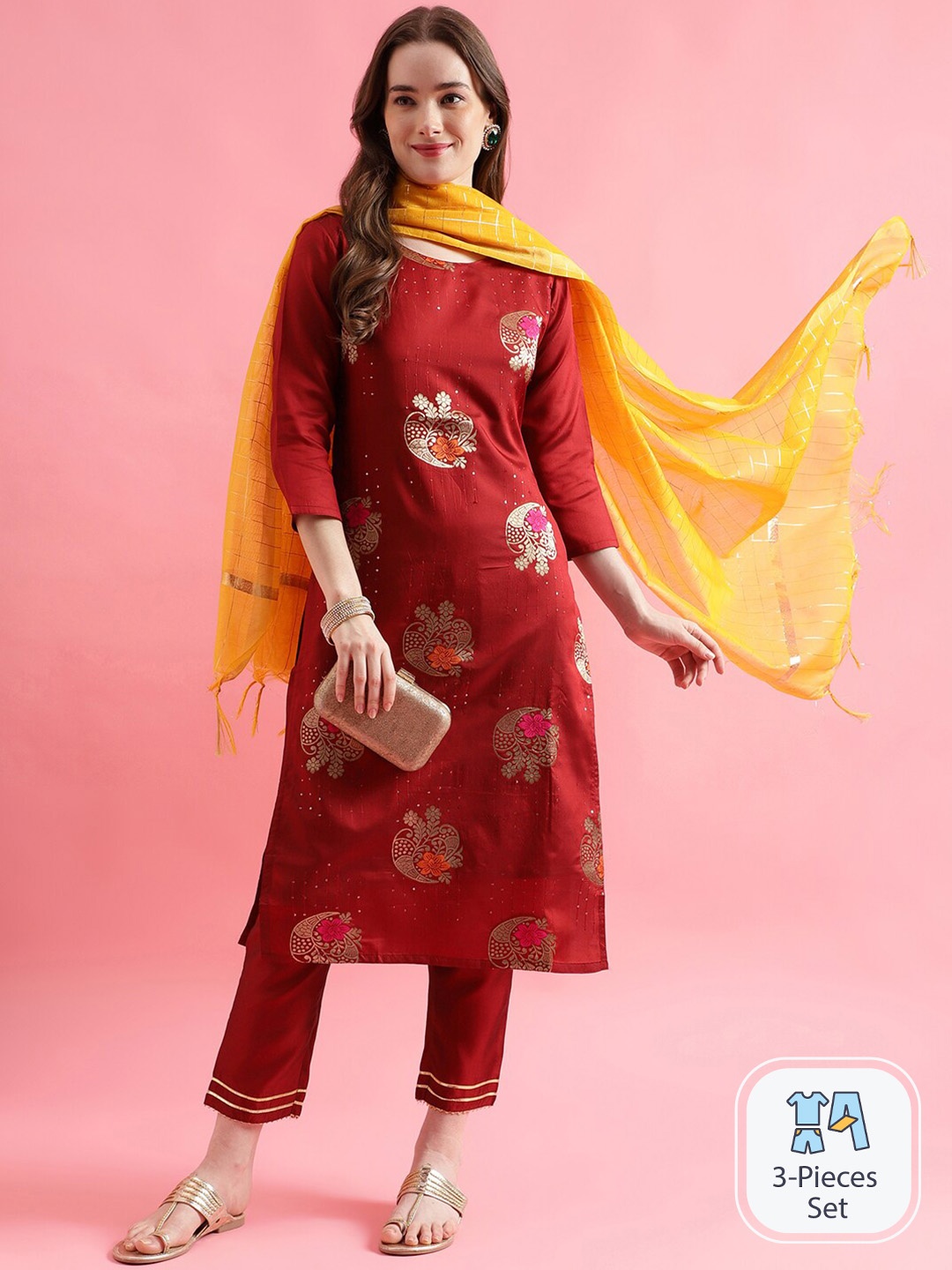 PPTOSS Ethnic Motifs Woven Design Sequinned Straight Kurta With Trousers & Dupatta, Maroon
PPTOSS Ethnic Motifs Woven Design Sequinned Straight Kurta With Trousers & Dupatta, Maroon