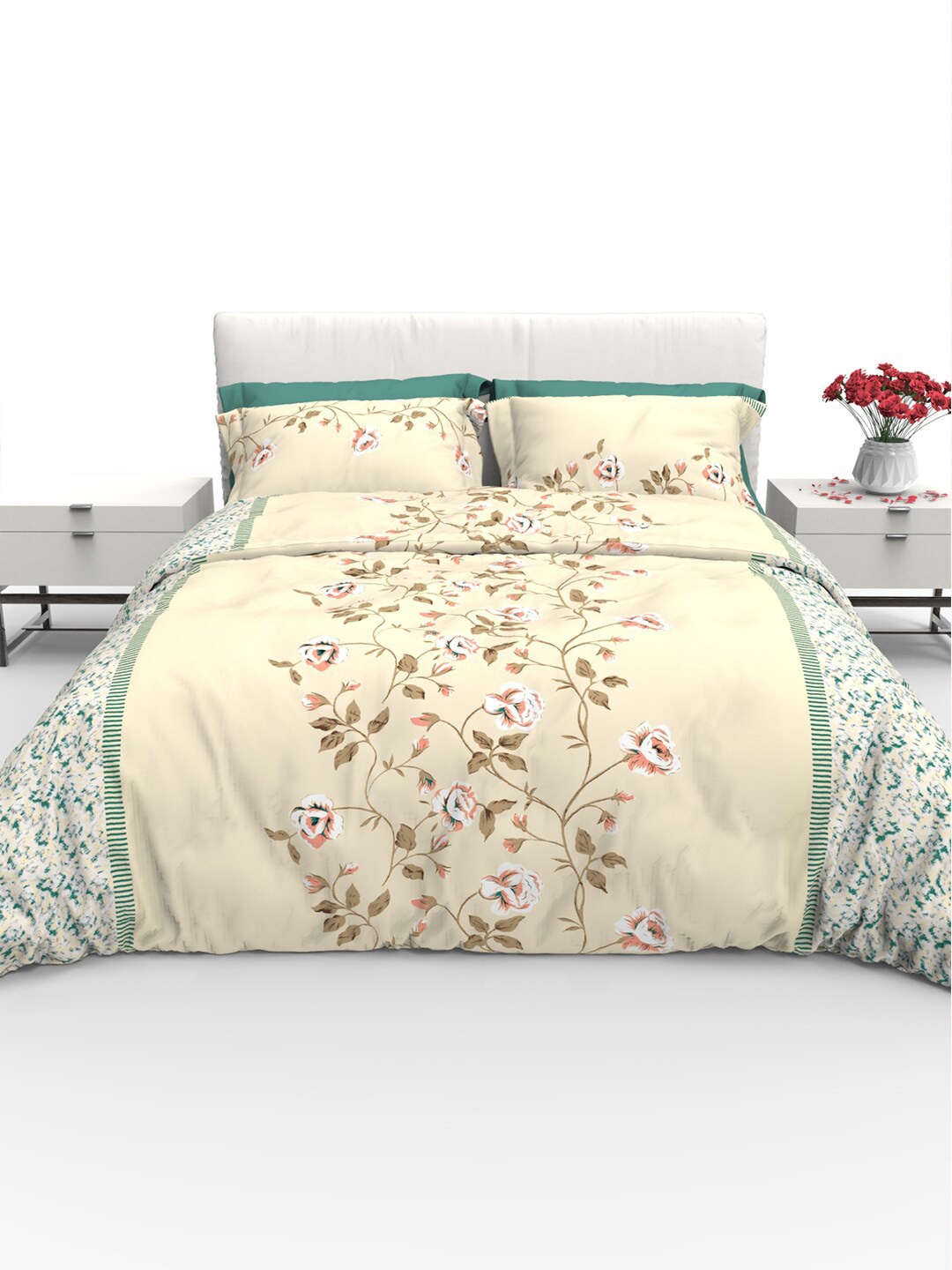 THE WHITE MOSS Cream-Coloured & Green Floral Cotton 220TC Queen Bedsheet & 2 Pillow Covers
THE WHITE MOSS Cream-Coloured & Green Floral Cotton 220TC Queen Bedsheet & 2 Pillow Covers