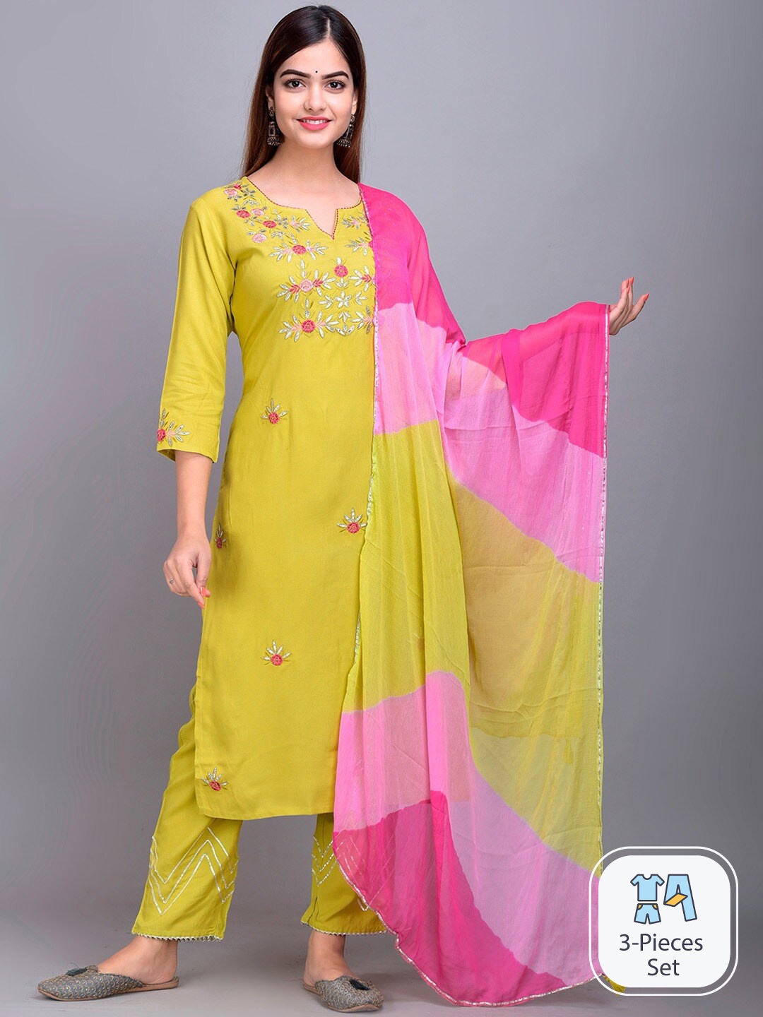 Ishin Floral Embroidered Thread Work Straight Kurta With Trousers & Dupatta, Lime green
Ishin Floral Embroidered Thread Work Straight Kurta With Trousers & Dupatta, Lime green