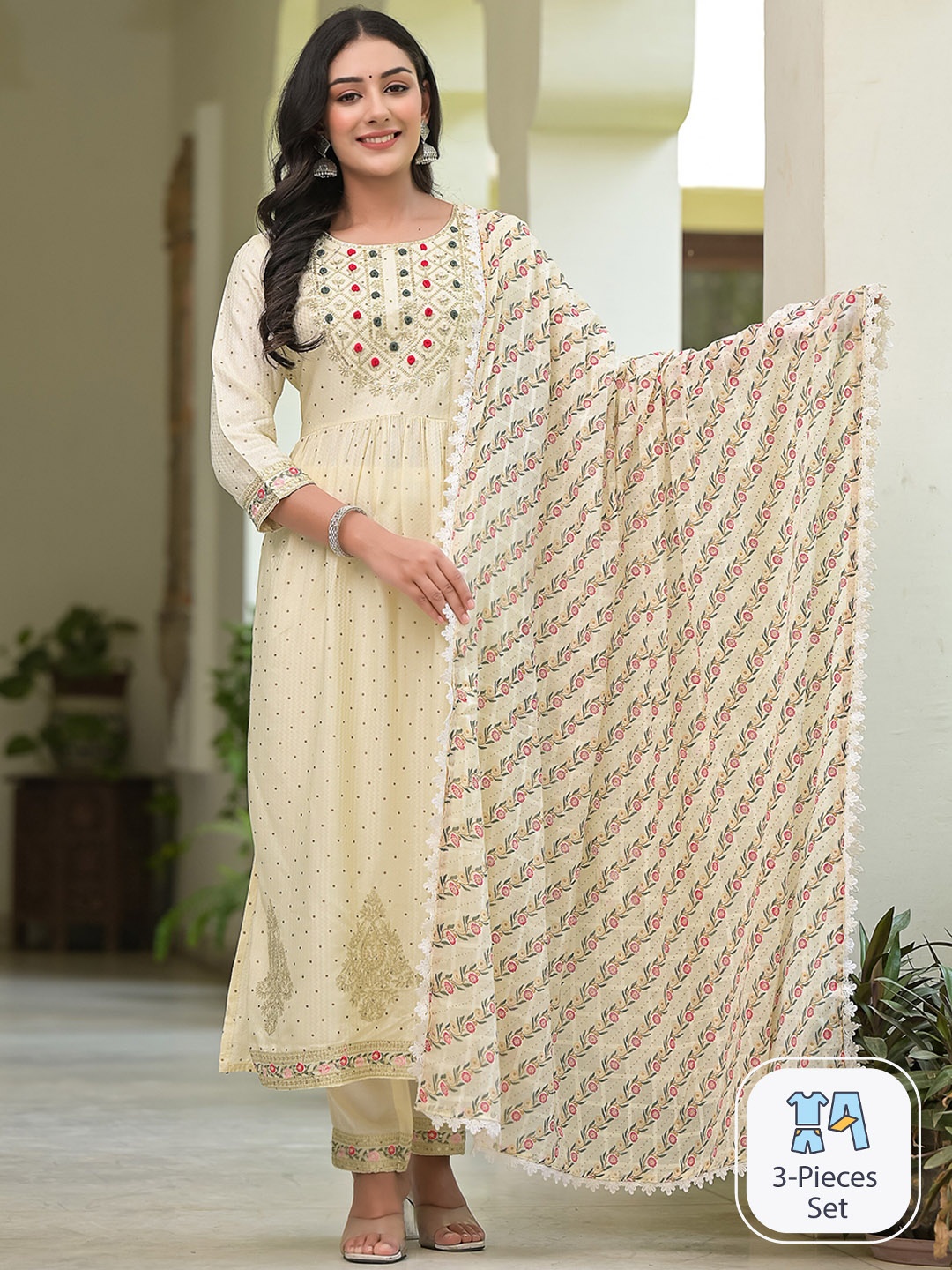 Ishin Ethnic Motifs Printed Regular Thread Work Kurta With Trousers & Dupatta, Cream
Ishin Ethnic Motifs Printed Regular Thread Work Kurta With Trousers & Dupatta, Cream