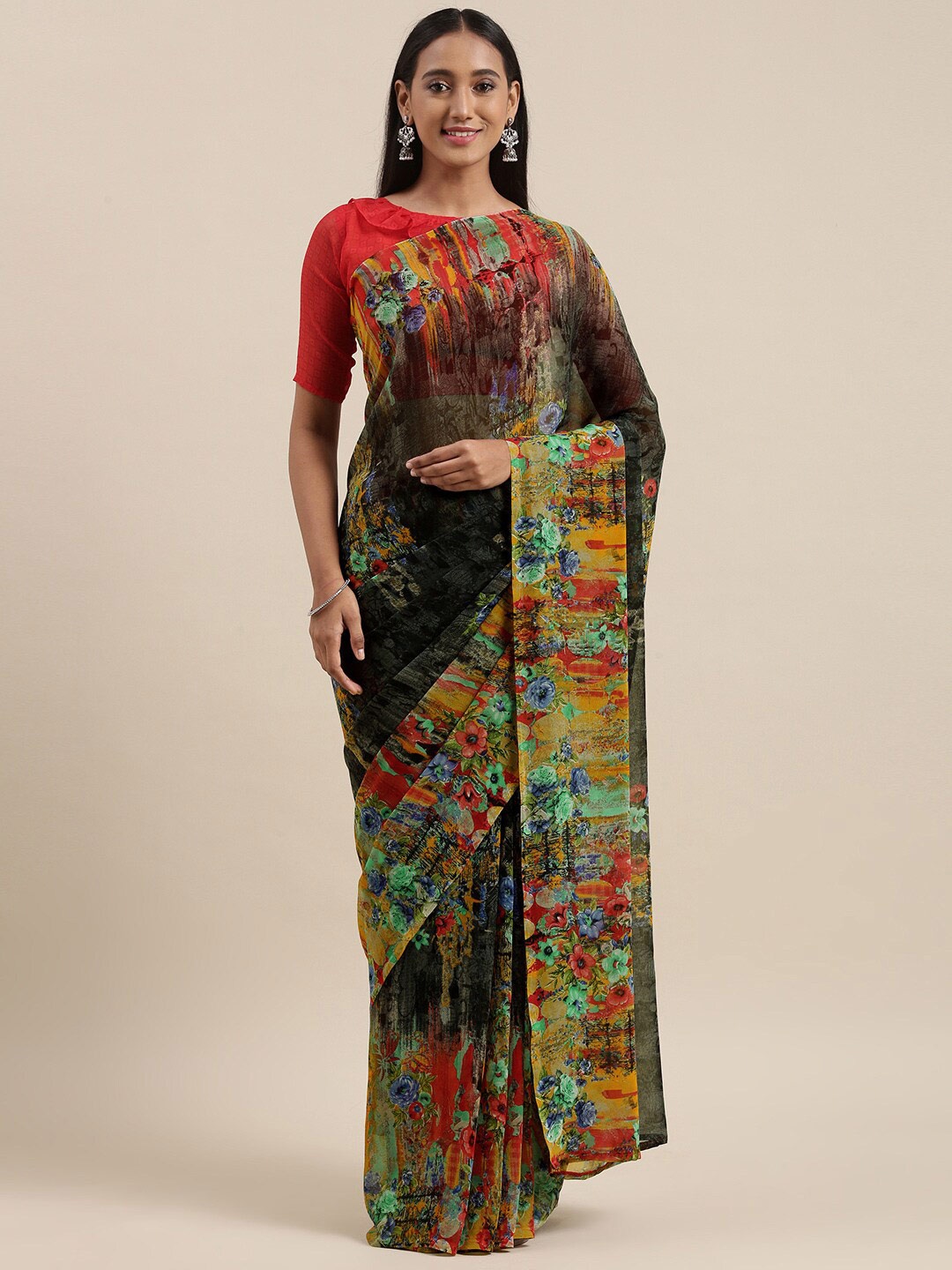 KALINI Floral Printed Pure Georgette Saree, Black