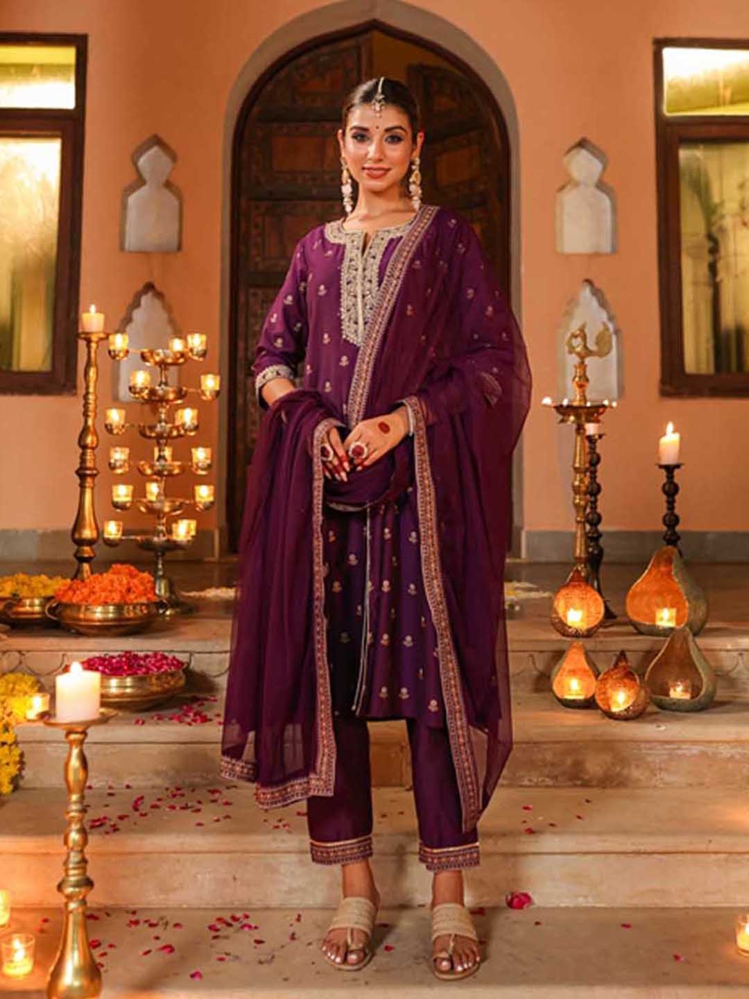 Juniper Ethnic Motifs Printed Thread Work Chanderi Silk Kurta & Trousers With Dupatta, Purple
Juniper Ethnic Motifs Printed Thread Work Chanderi Silk Kurta & Trousers With Dupatta, Purple