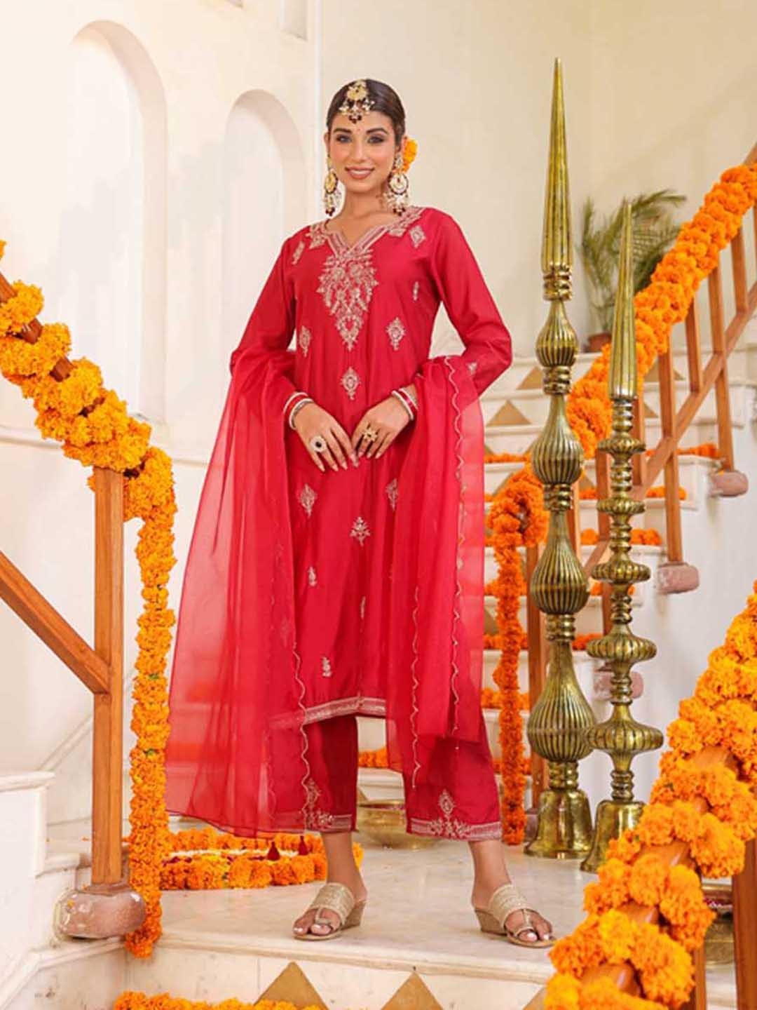 Juniper Ethnic Motifs Embroidered Sequinned Chanderi Silk Kurta & Trousers With Dupatta, Red
Juniper Ethnic Motifs Embroidered Sequinned Chanderi Silk Kurta & Trousers With Dupatta, Red