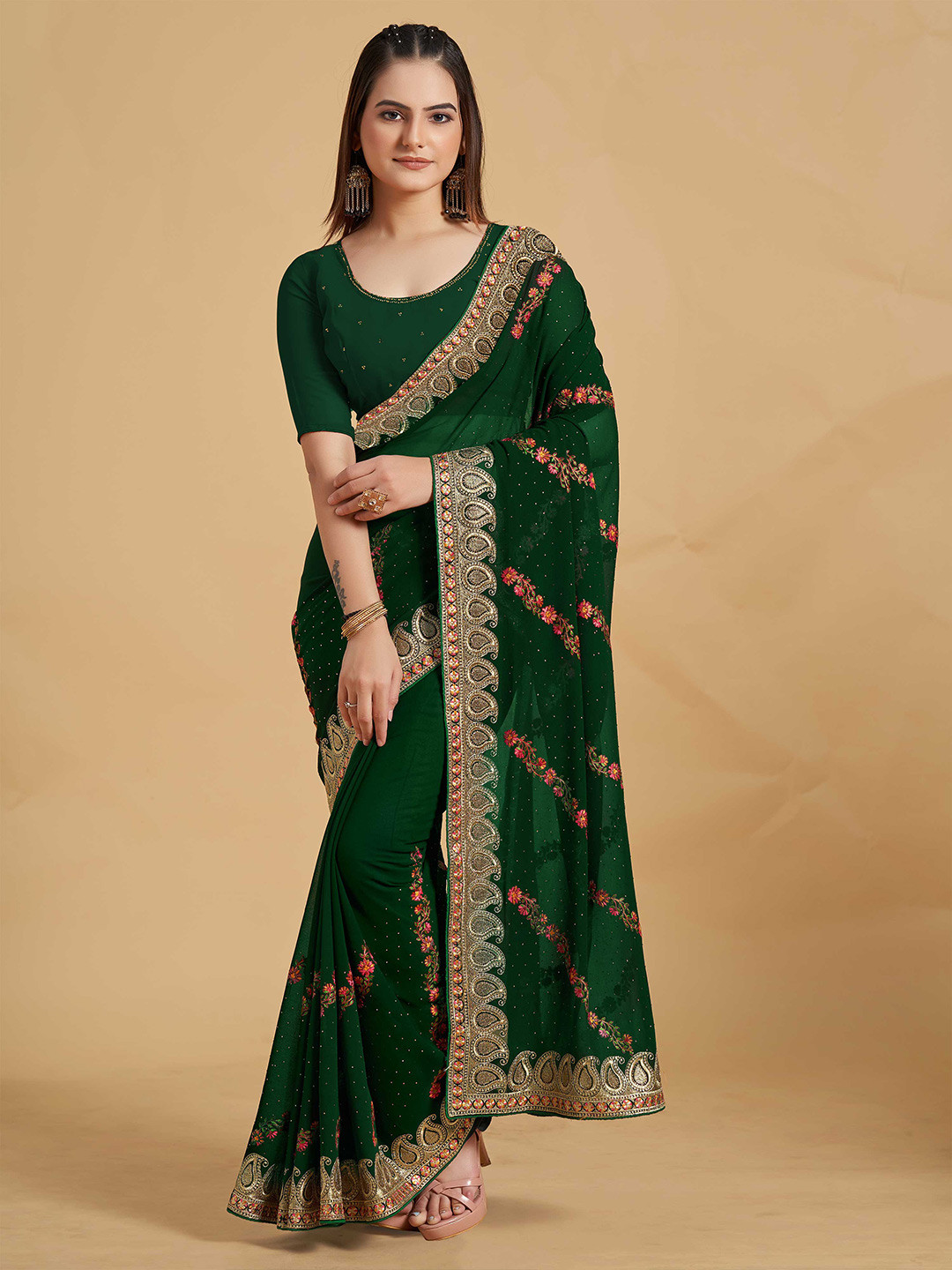 choiceit Floral Embroidered Maheshwari Saree, Green 
choiceit Floral Embroidered Maheshwari Saree, Green
