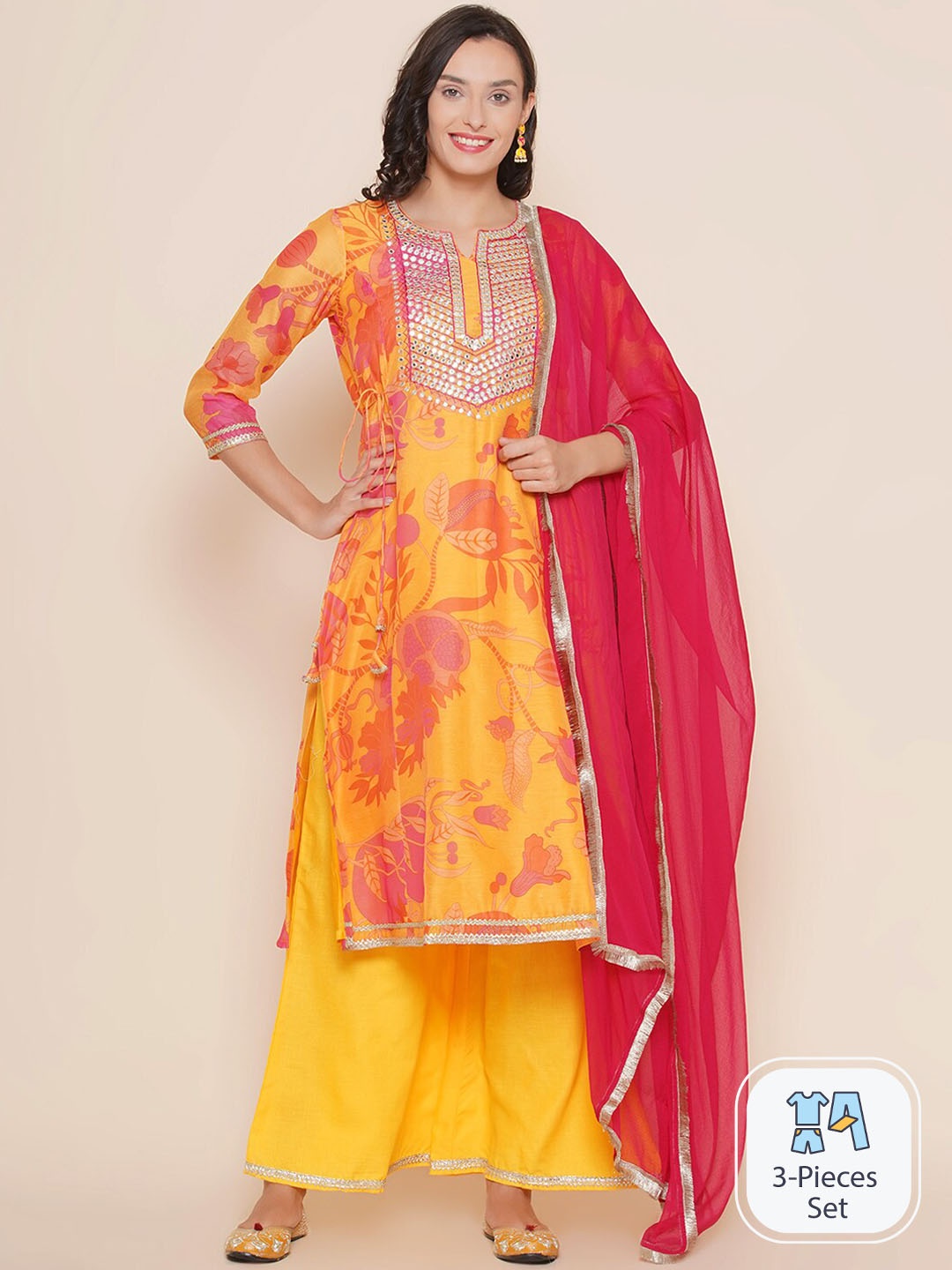Bhama Couture Floral Printed Mirror Work Chanderi Silk Kurta & Palazzos With Dupatta, Yellow
Bhama Couture Floral Printed Mirror Work Chanderi Silk Kurta & Palazzos With Dupatta, Yellow