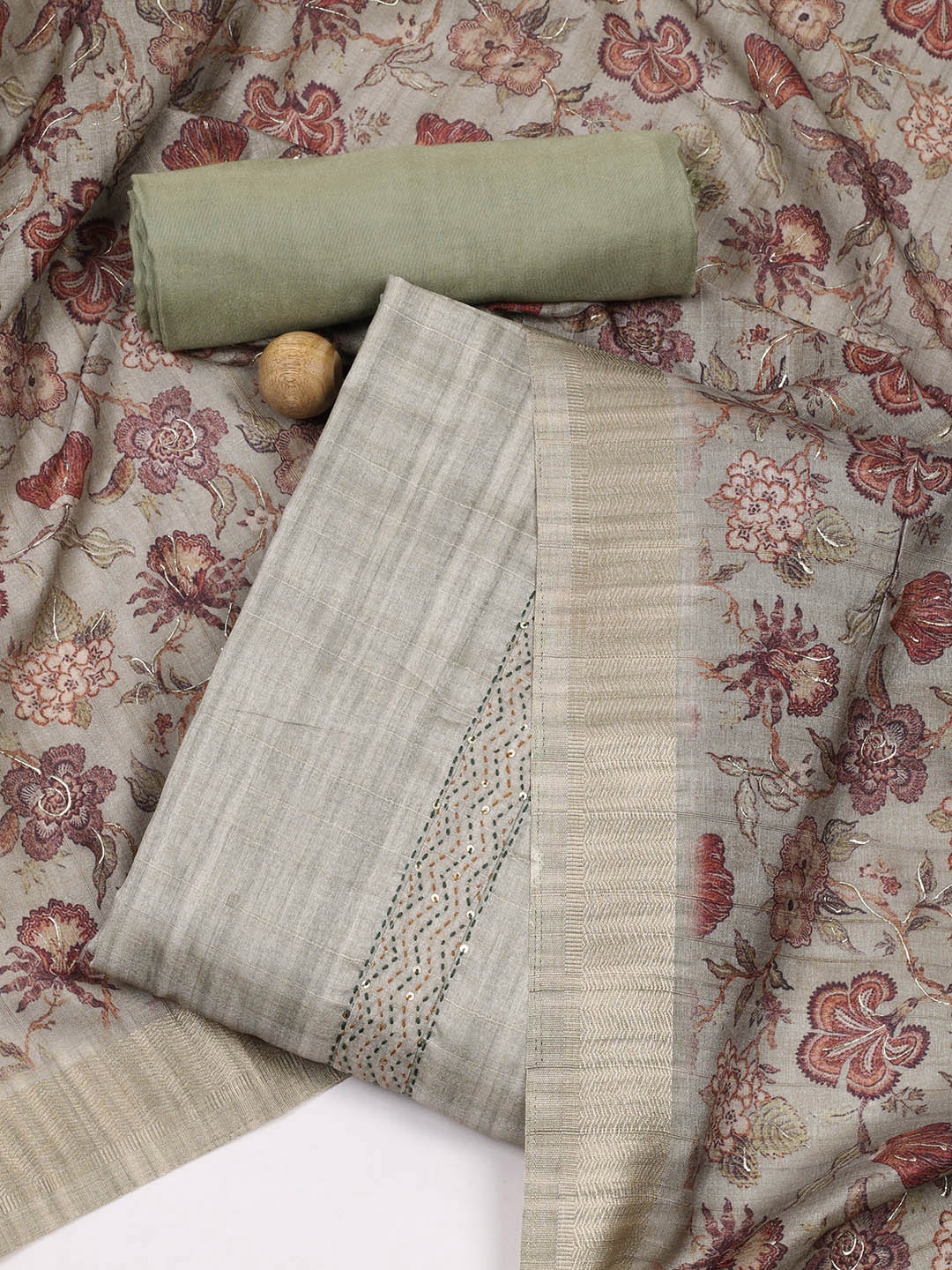Meena Bazaar Floral Printed Unstitched Dress Material, Grey