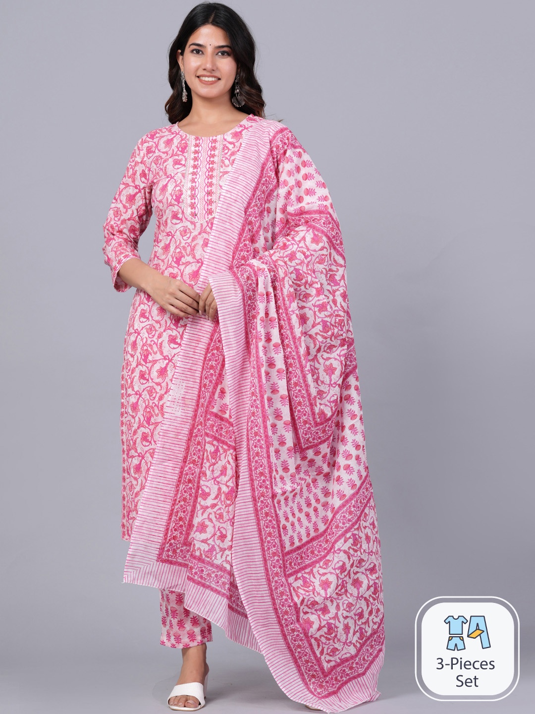 JAIPURI COLLECTION Ethnic Motifs Printed Pure Cotton Kurta With Trousers & Dupatta, Pink
JAIPURI COLLECTION Ethnic Motifs Printed Pure Cotton Kurta With Trousers & Dupatta, Pink